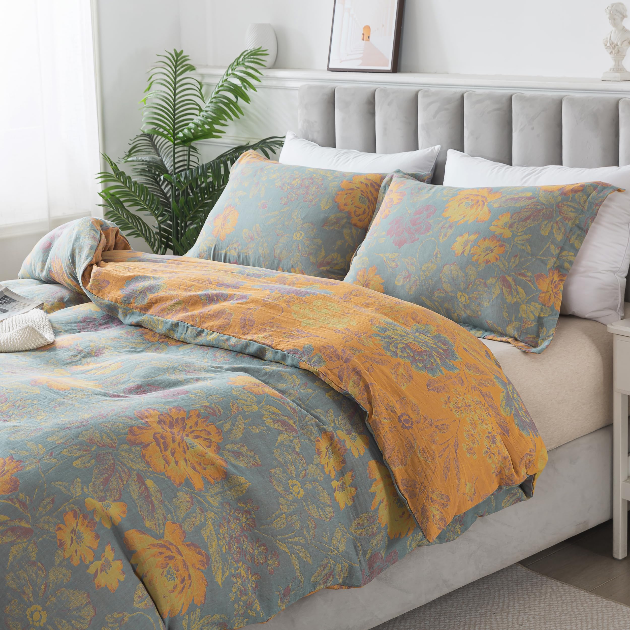 Juego de Funda de Edredón Vintage Naranja Patrón de Flores