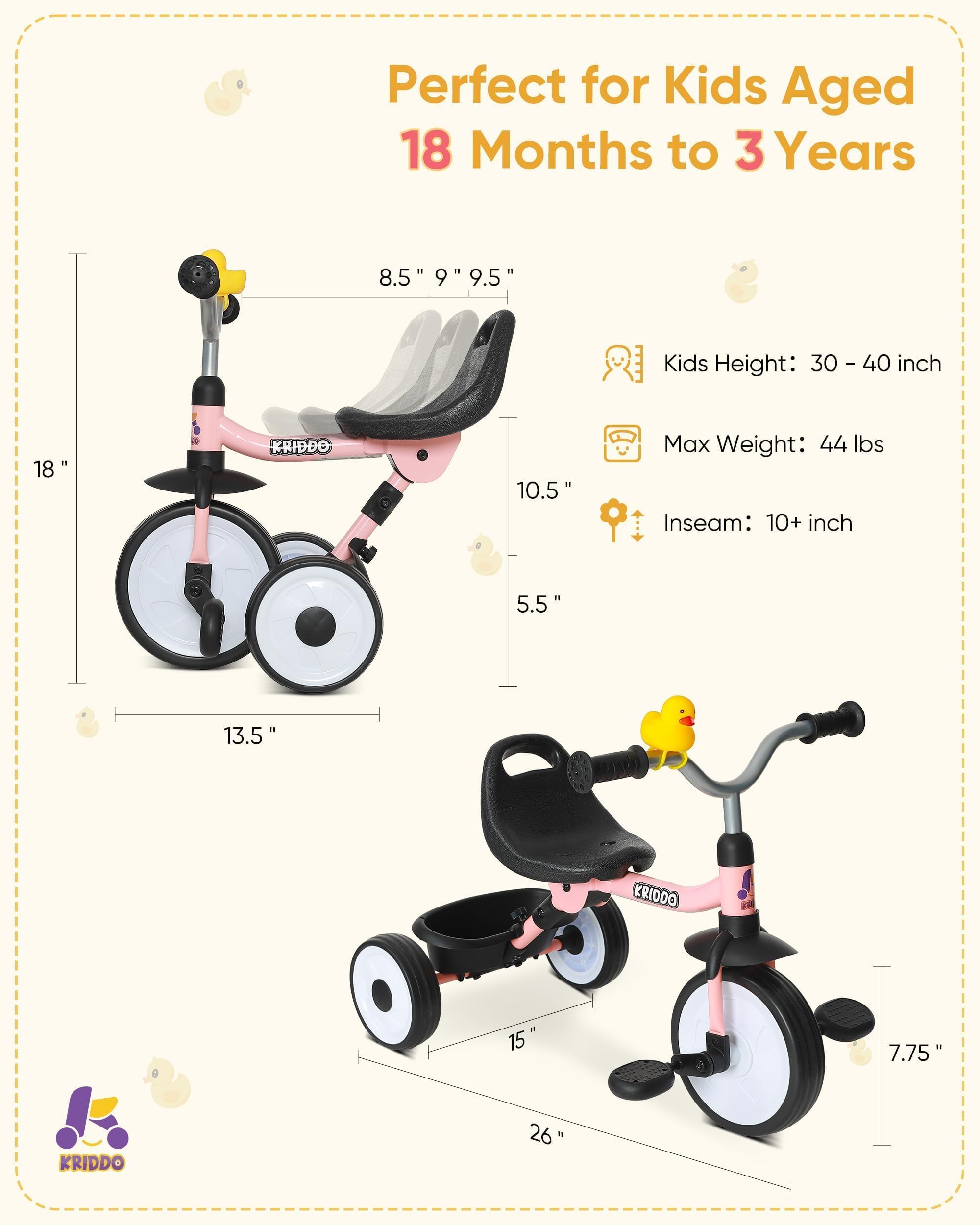 Triciclo para Niños KRIDDO de 18 Meses a 3 -Rosa - Imagen 7