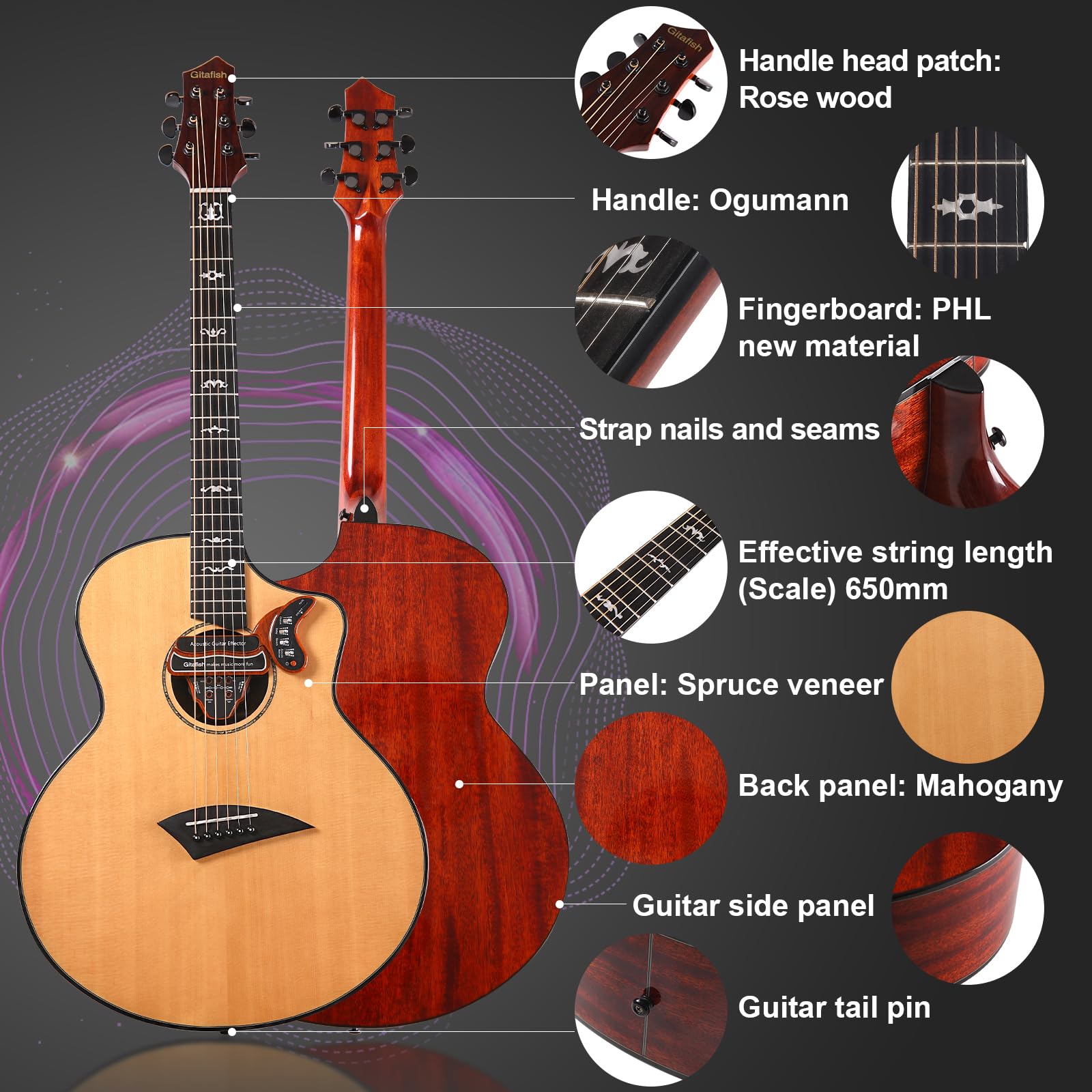 Guitarra Acústica Folk Gitafish con Efecto Incorporado para - Imagen 5
