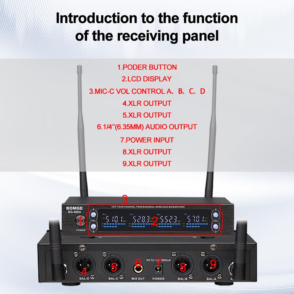 Sistema de Micrófono Inalámbrico UHF de 4 Canales BOMGE con - Imagen 5
