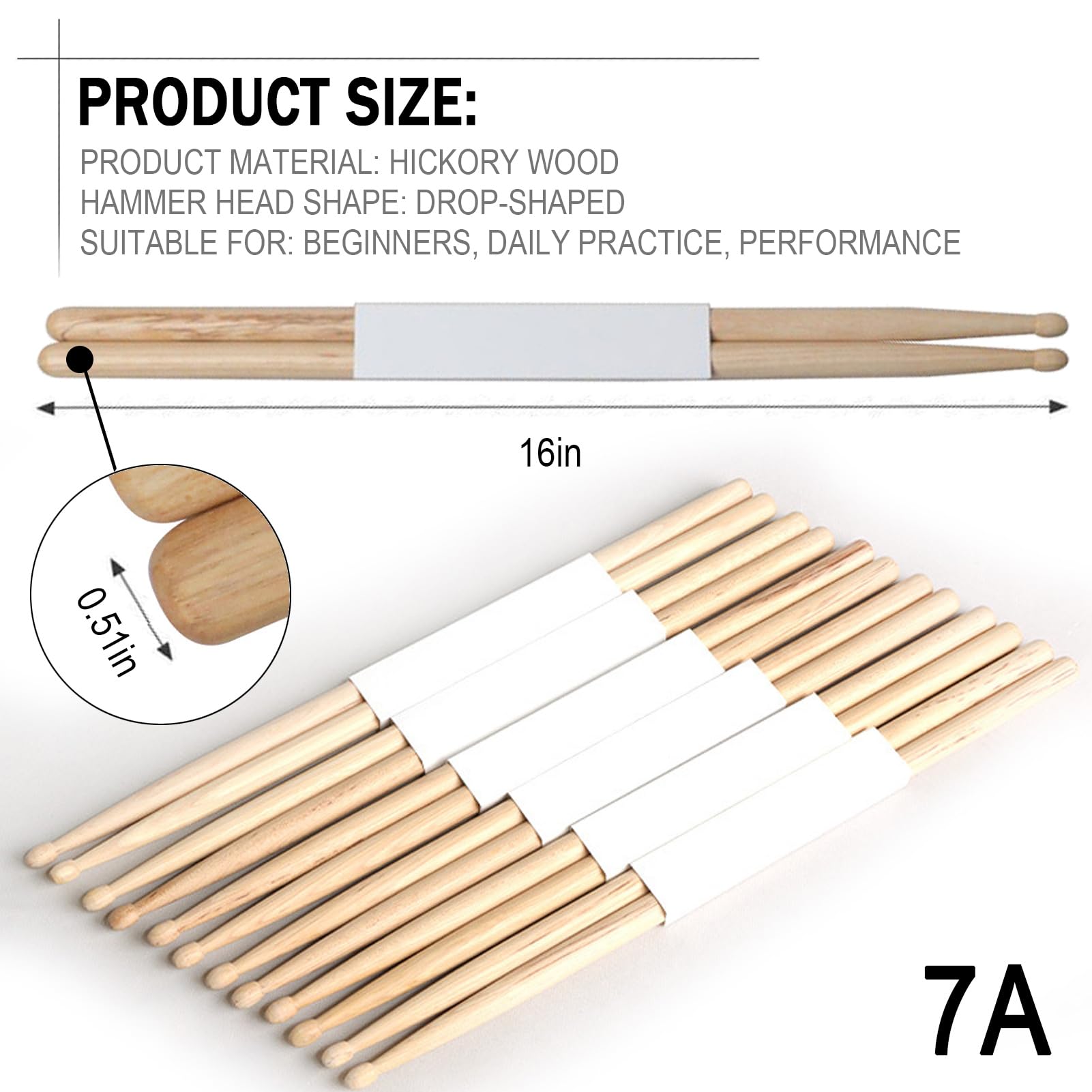 Set de Baquetas REEKY, 12 Pares de Baquetas de Hickory 7A + - Imagen 7