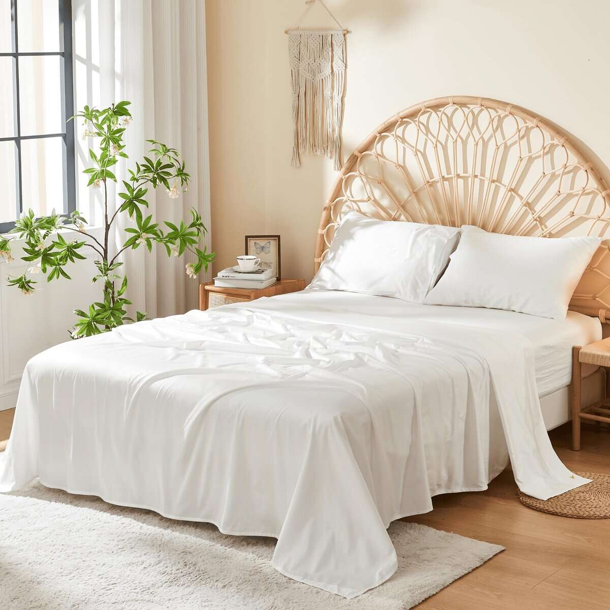 Juego de sábanas 100% algodón de fibra -Blanco