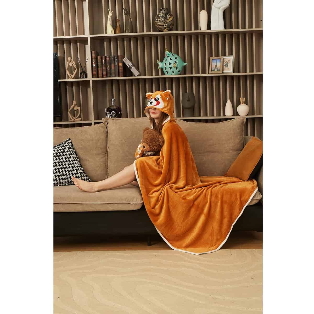 Manta con Capucha de Oso Panda Rojo, Manta Portátil Animal - Imagen 8