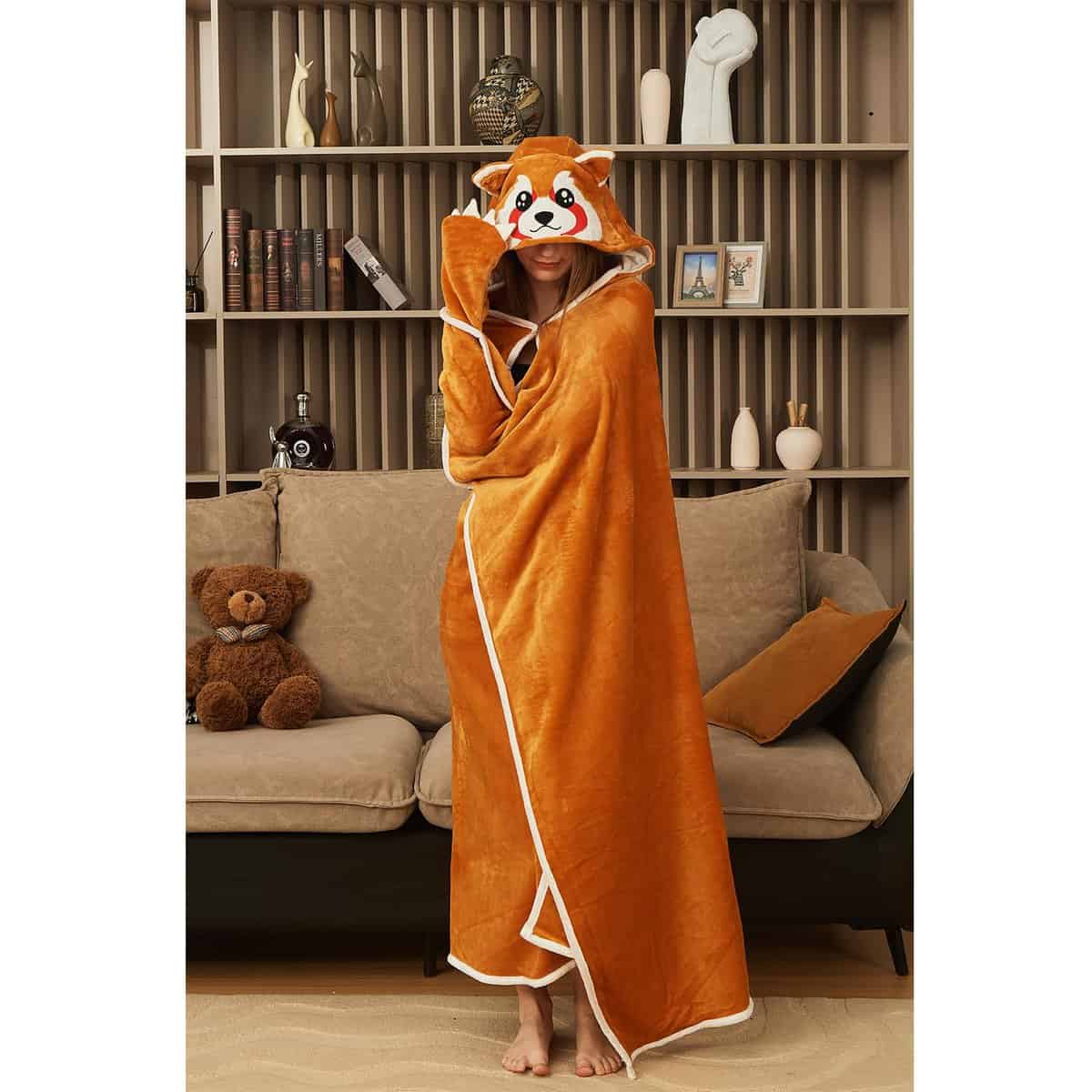 Manta con Capucha de Oso Panda Rojo, Manta Portátil Animal - Imagen 6