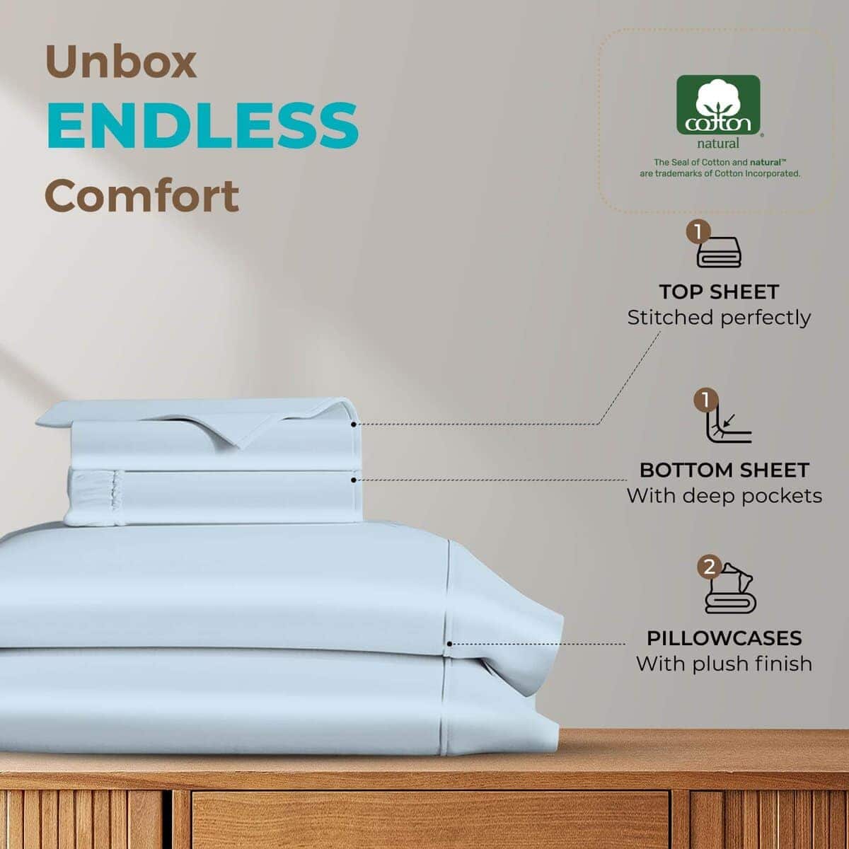 Juego de sábanas 100% algodón egipcio -Azul Claro - Imagen 4