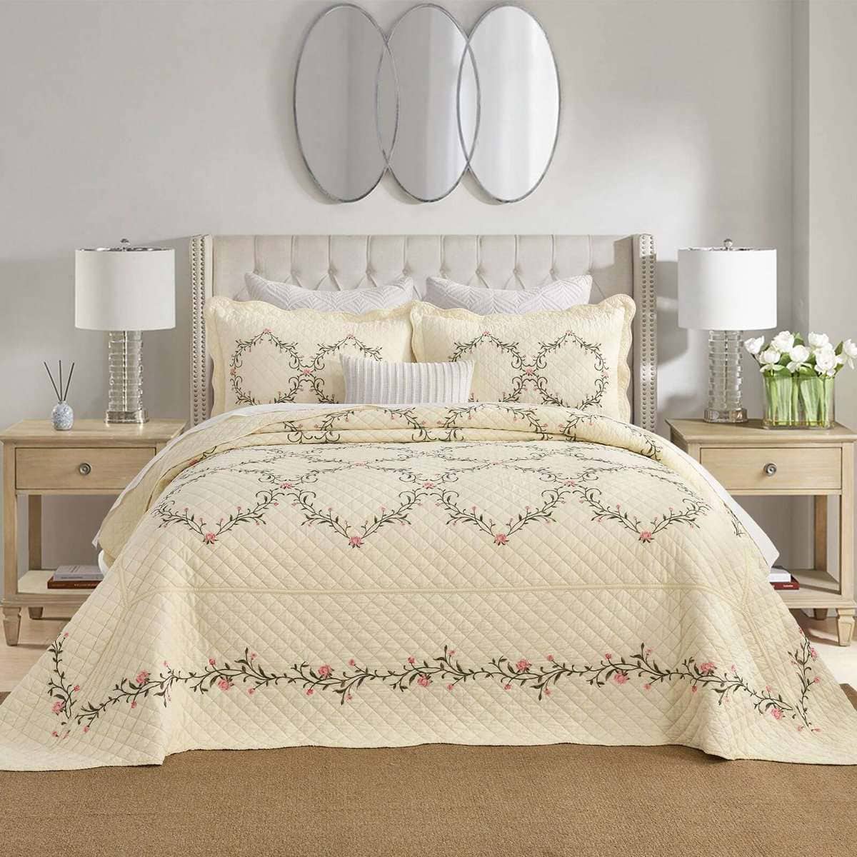 DDUOXIN Colcha de Cama con Bordado Floral Tamaño King