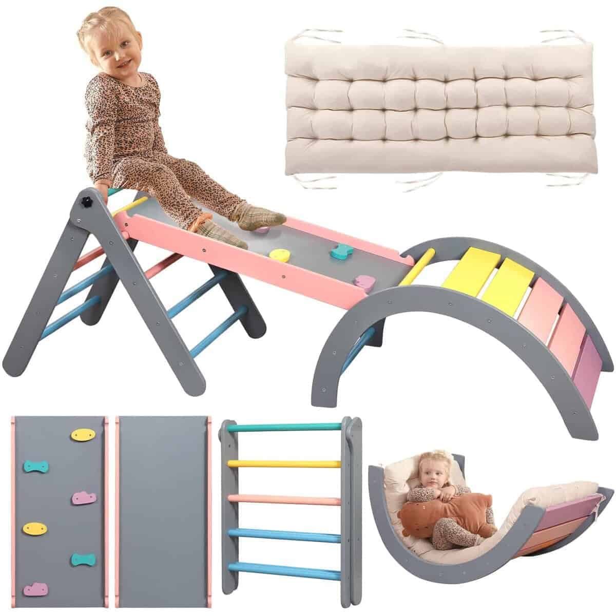 Set de Triángulo Pikler con Cojín, 7 en 1 -Arcoíris con Azul