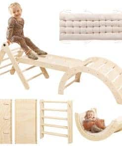 Set de Triángulo Pikler con Cojín, 7 en 1 -Madera Natural