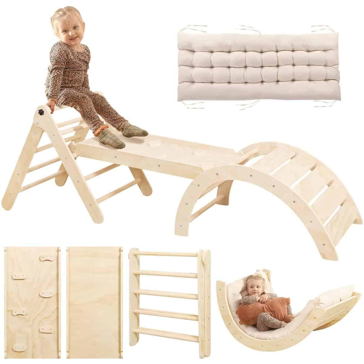 Set de Triángulo Pikler con Cojín, 7 en 1 -Madera Natural