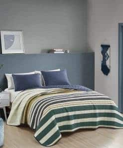 Colcha a rayas verde ESQCA con 2 fundas de almohada -