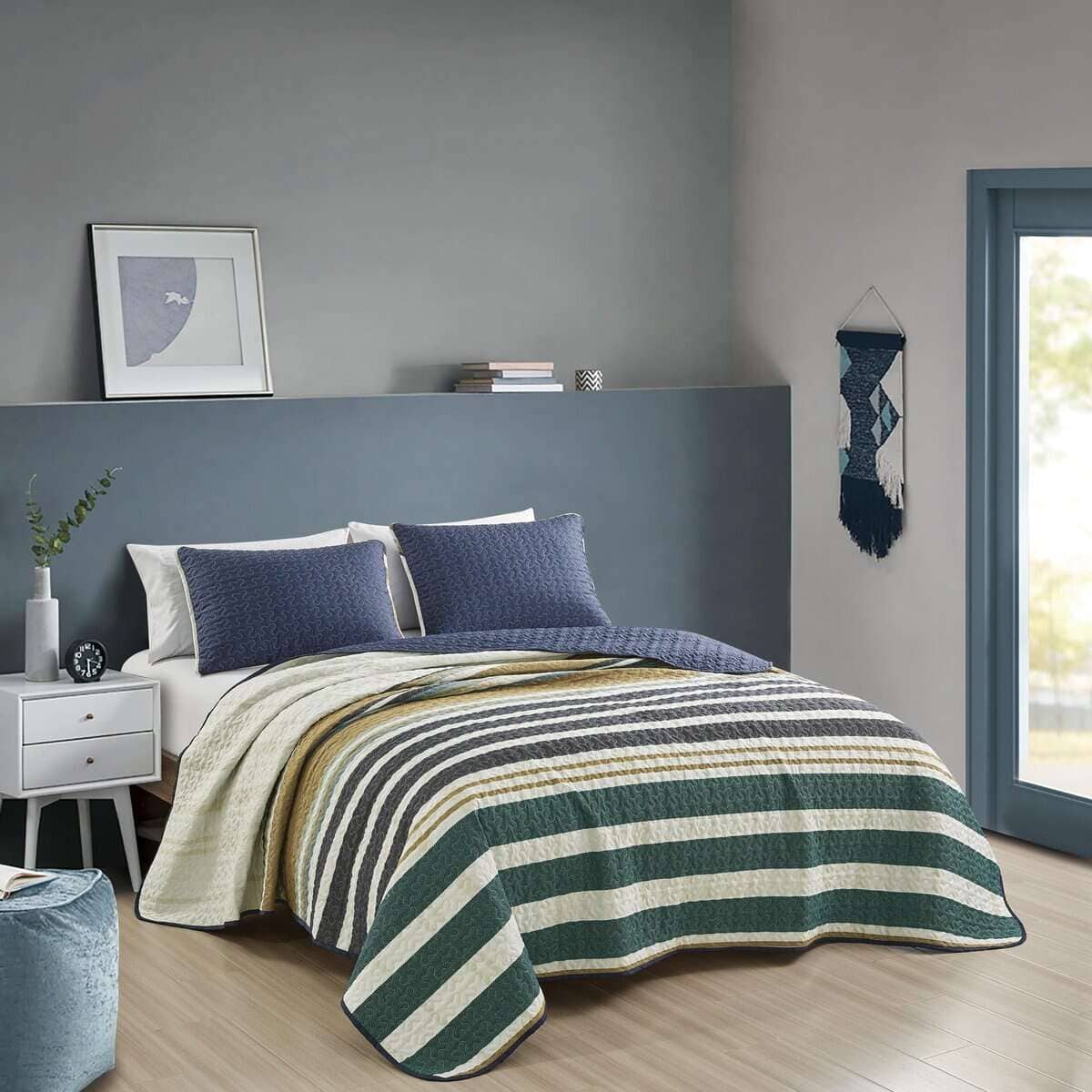 Colcha a rayas verde ESQCA con 2 fundas de almohada -