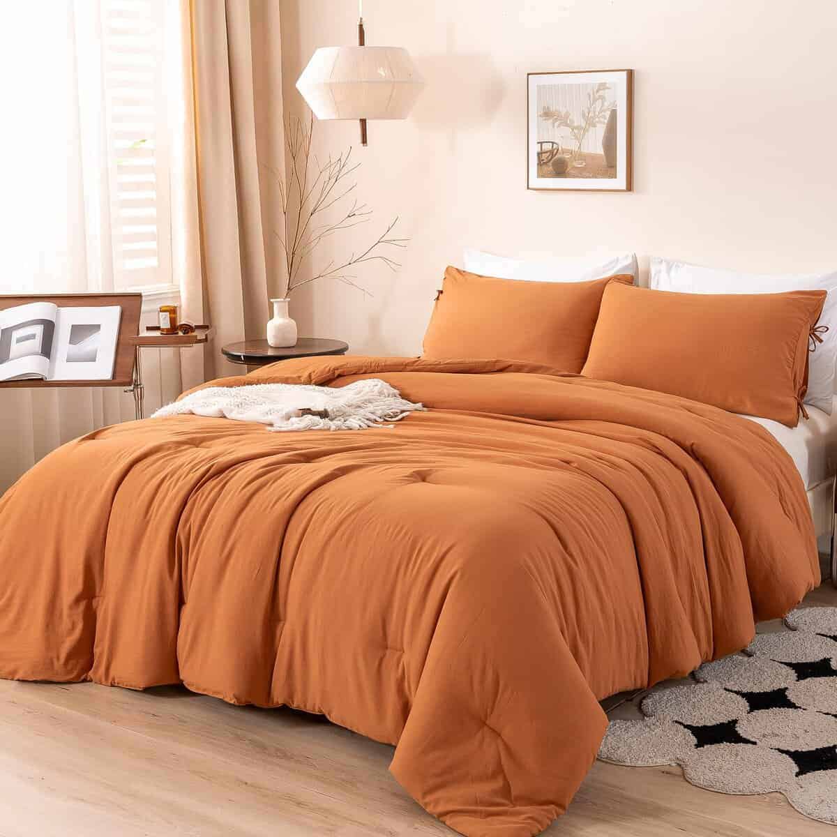 Juego de Edredón Tamaño Queen en Color Naranja Quemado,