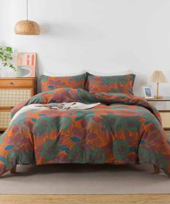 Juego de Ropa de Cama Vintage de Flores y Hojas en Naranja
