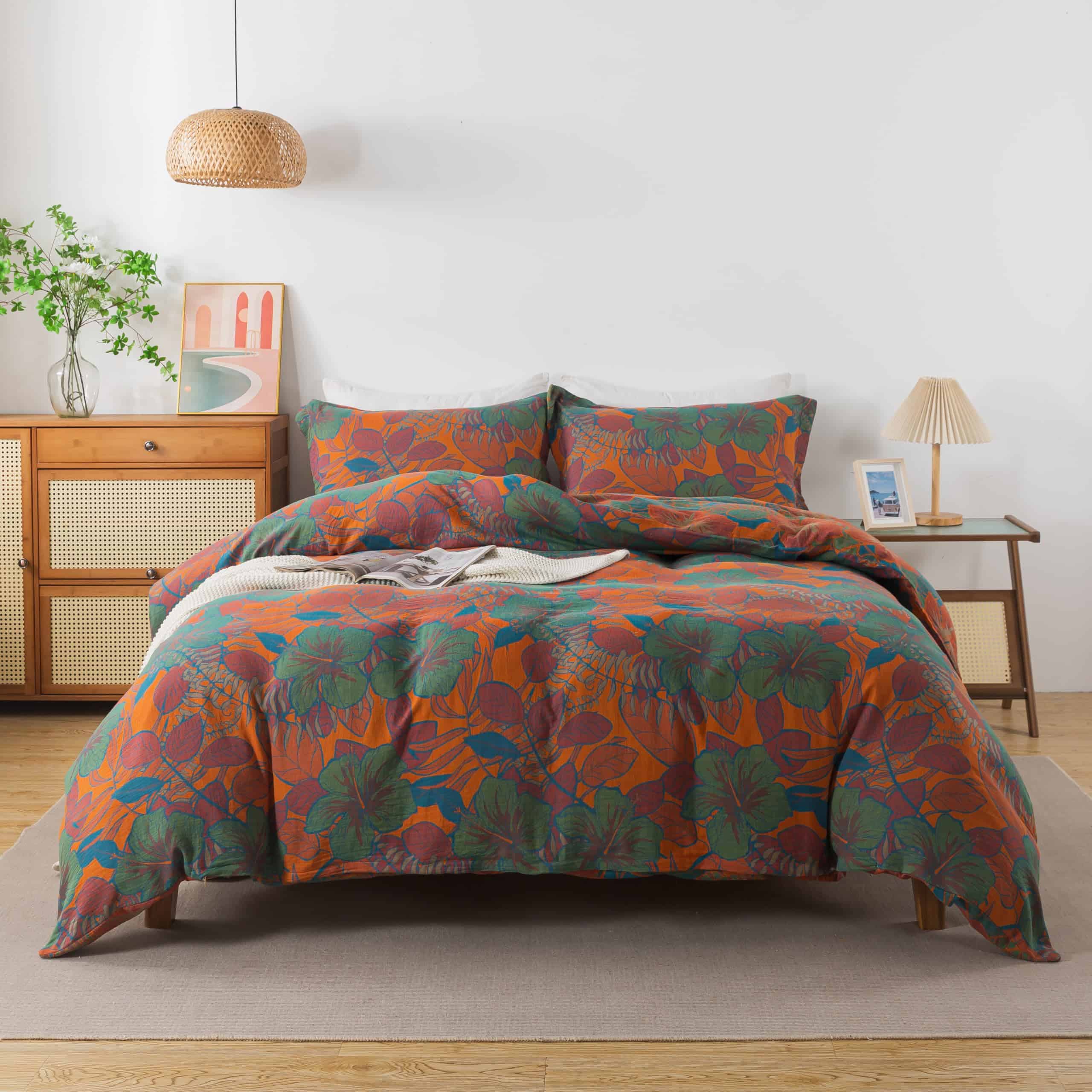 Juego de Ropa de Cama Vintage de Flores y Hojas en Naranja