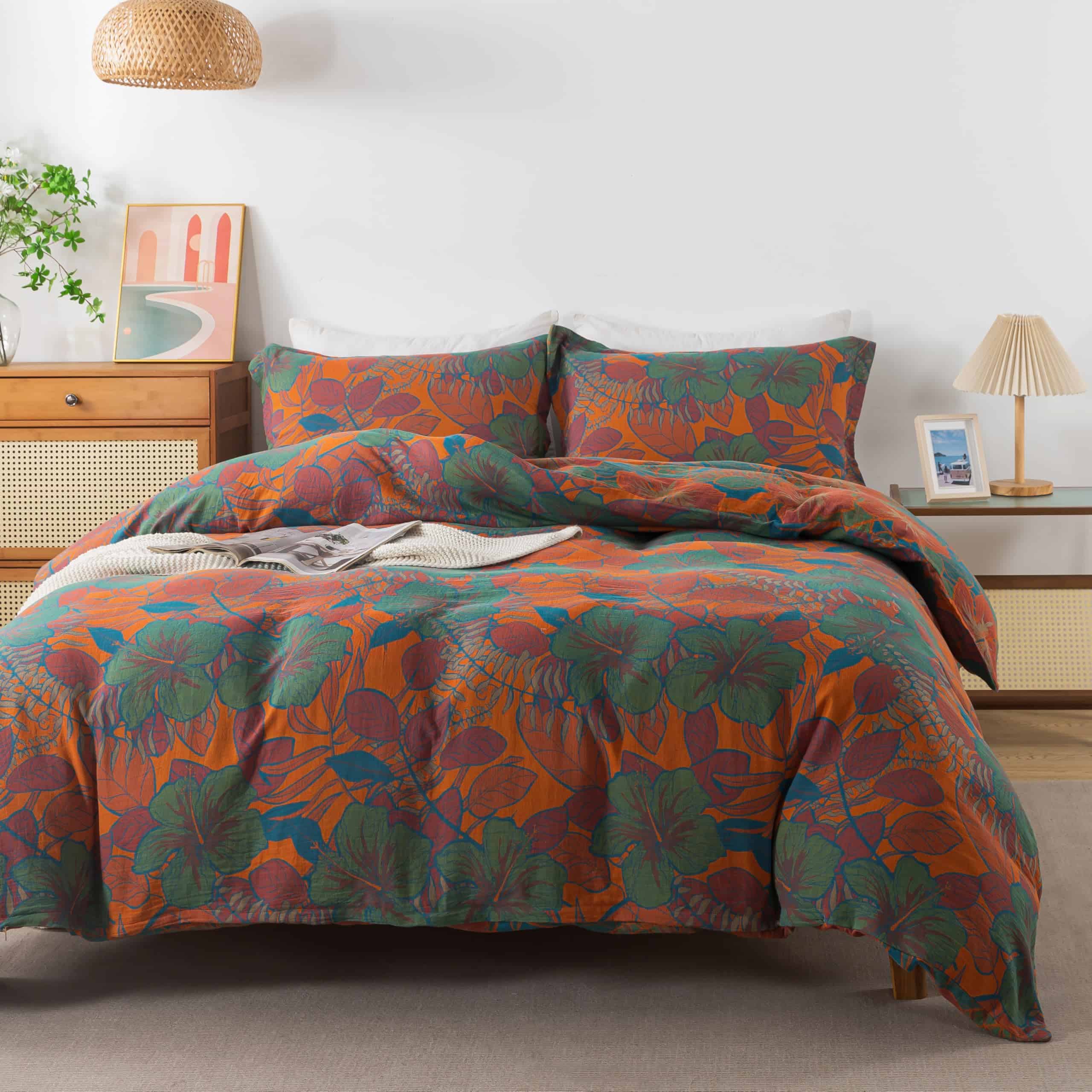 Juego de Ropa de Cama Vintage de Flores y Hojas en Naranja - Imagen 3