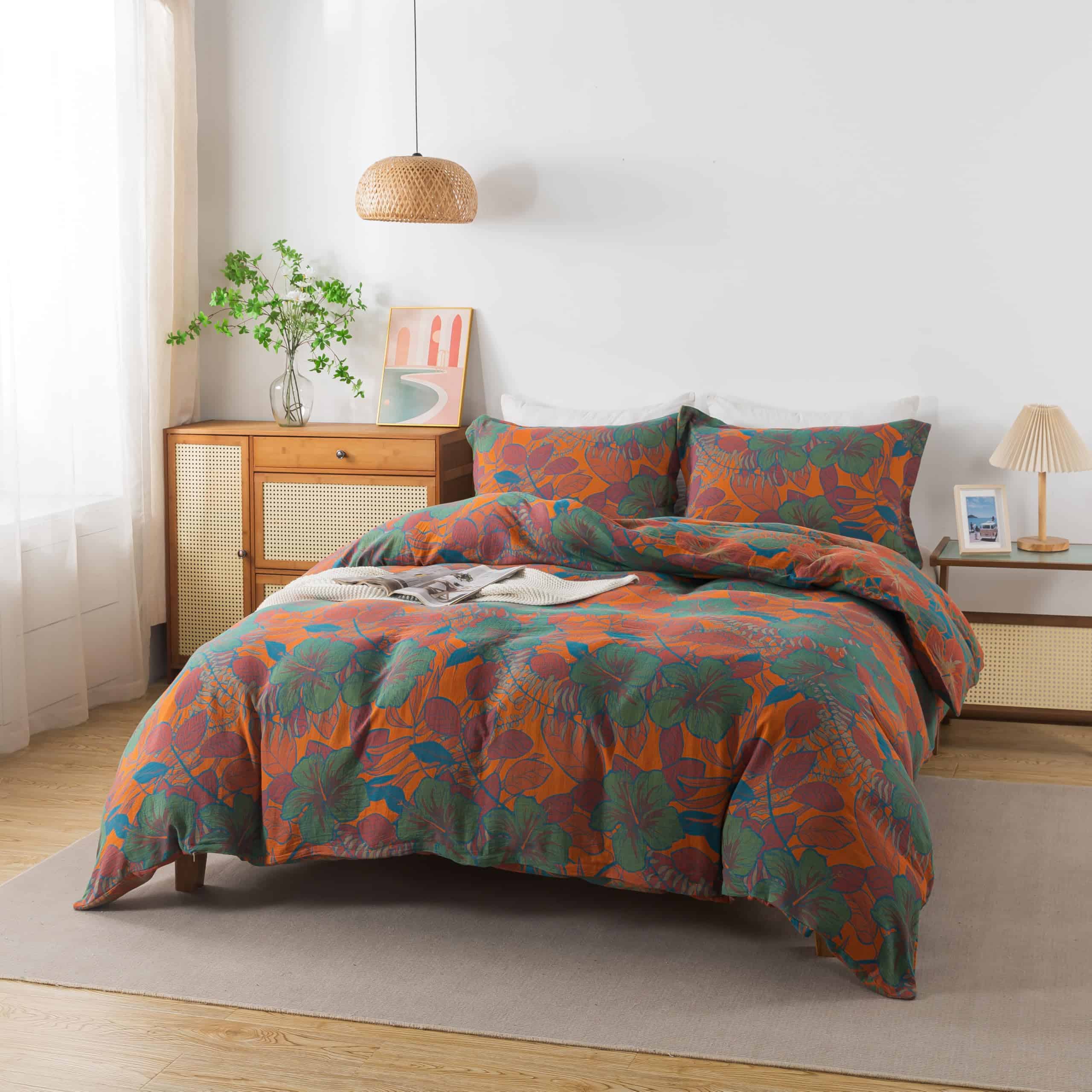 Juego de Ropa de Cama Vintage de Flores y Hojas en Naranja - Imagen 4