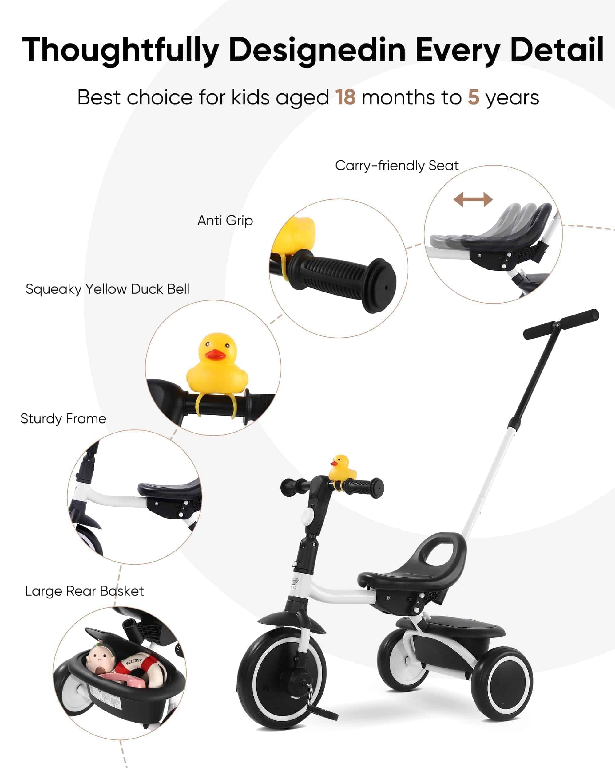 Triciclo para niños de 18 meses a 5 años -Blanco - Imagen 5