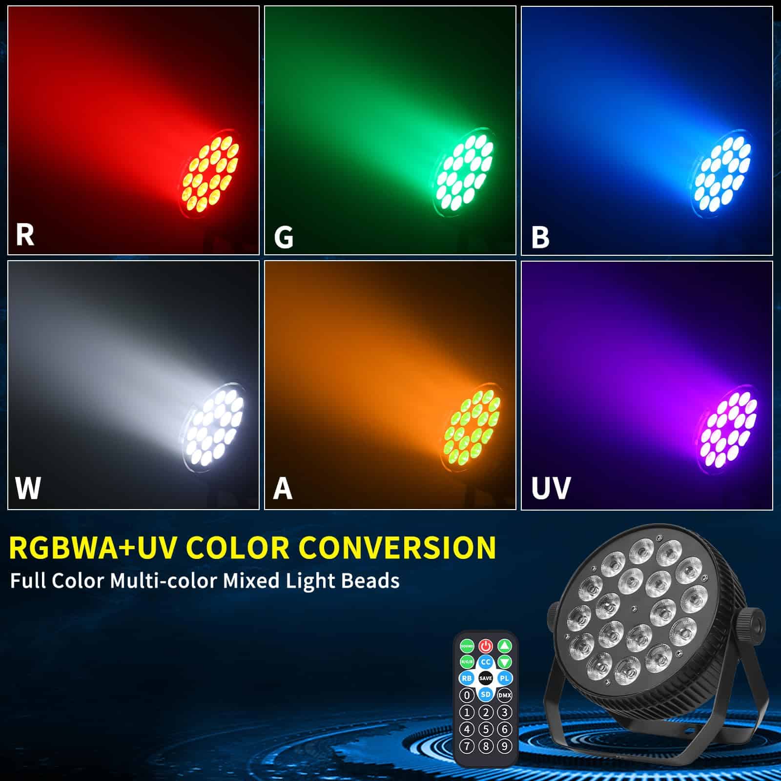Luces de Escenario LED, 18x18 Watt RGBWAUV 6-en-1 Luz Par - Imagen 3