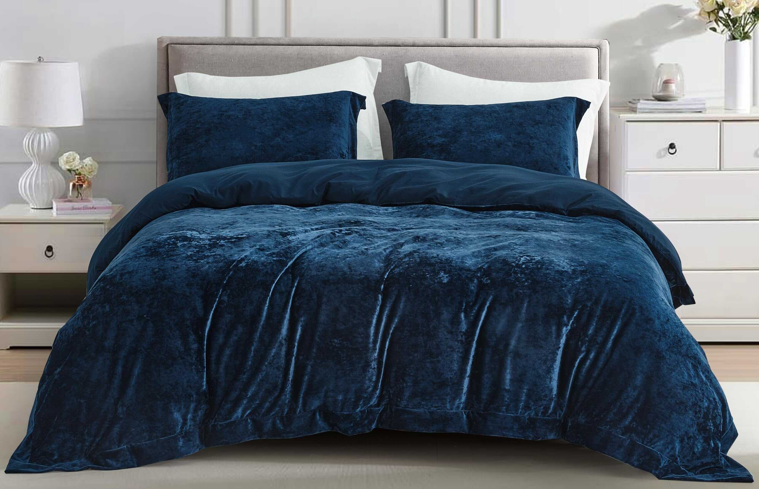 Juego de Funda de Edredón de Terciopelo -Azul Marino