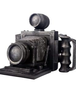 Alcancía réplica de cámara vintage de color plata gris