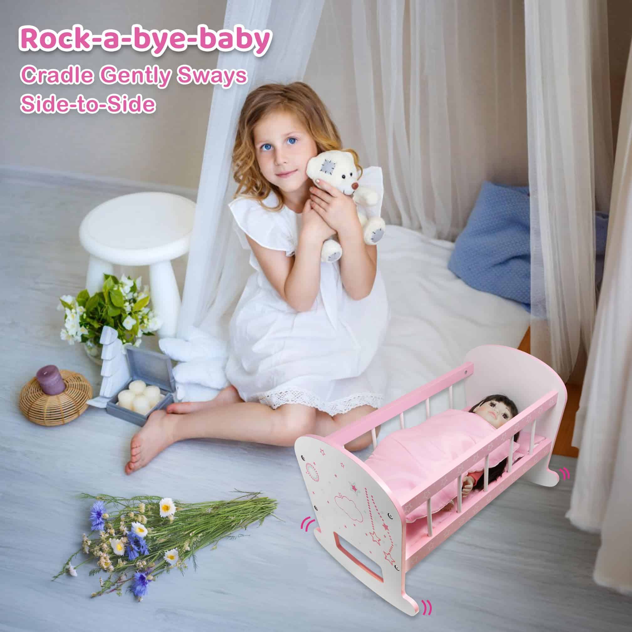 Cuna de Juguete para Muñecas de Madera con Balanceo para - Imagen 5
