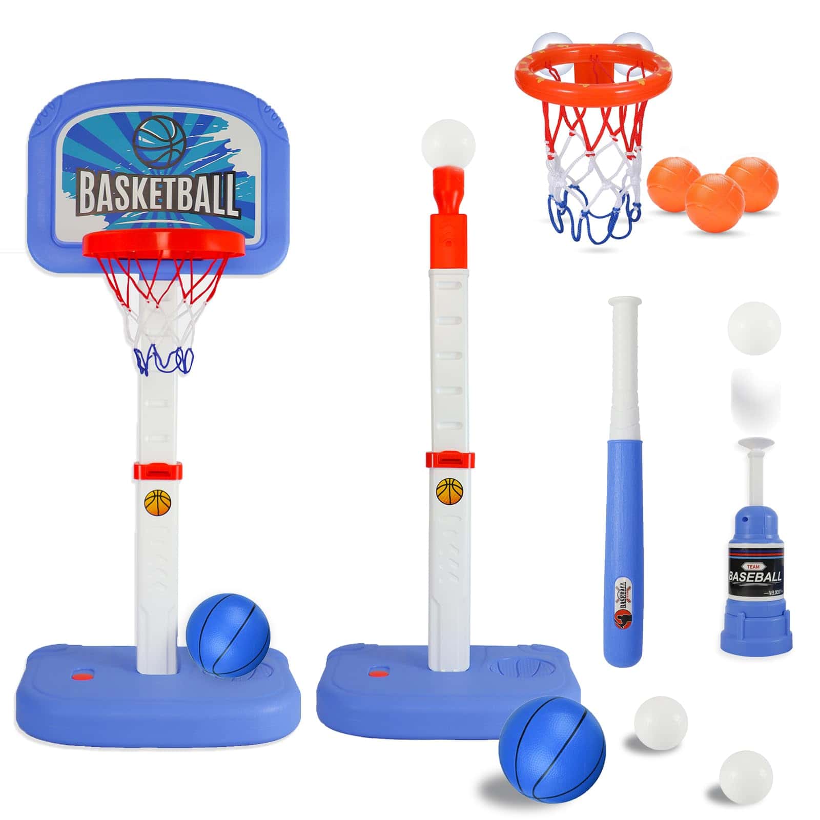 Juego de canasta de baloncesto 2 en 1 y set de T Ball para