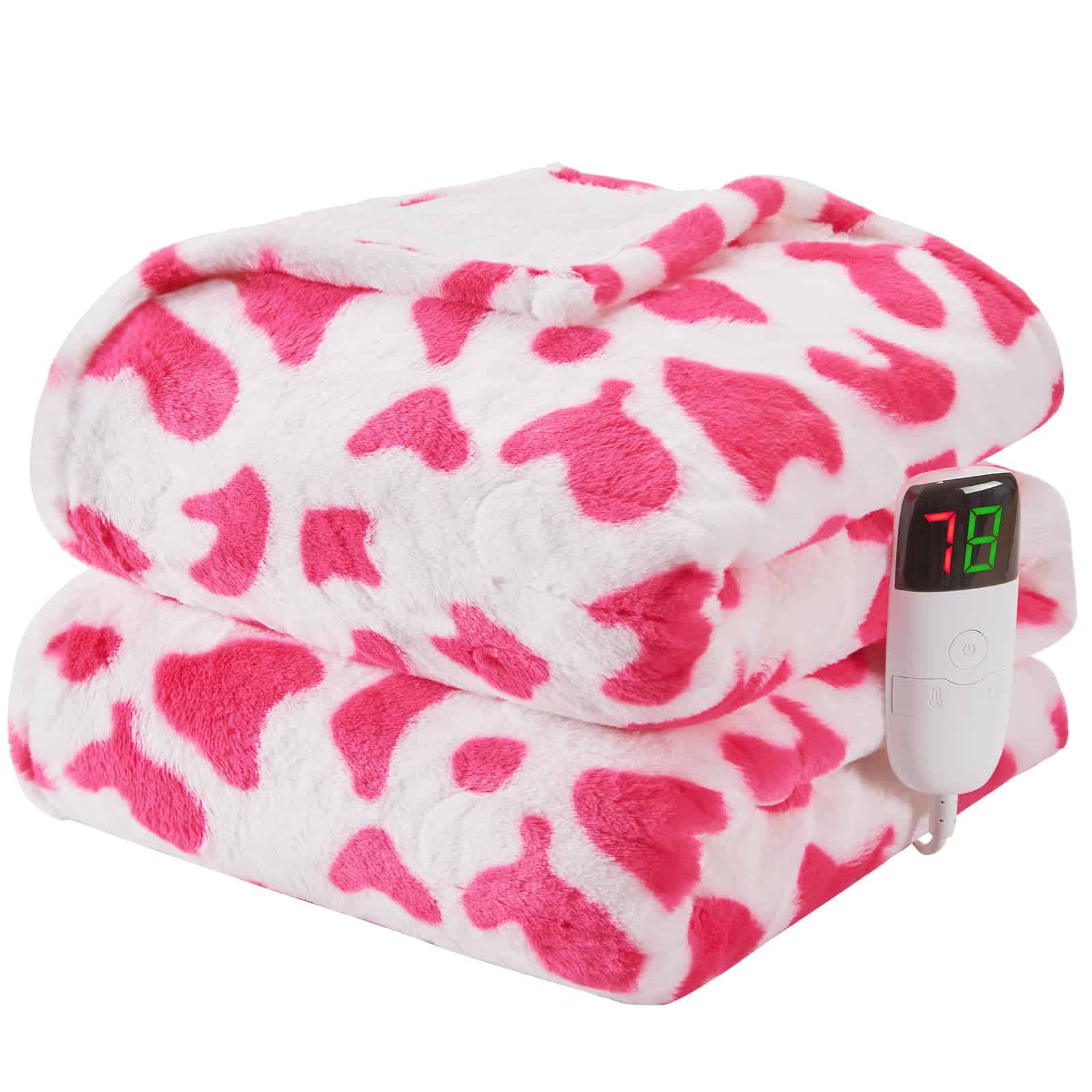 Manta Eléctrica Calentada Rosa con Diseño de Vaca, 62x84