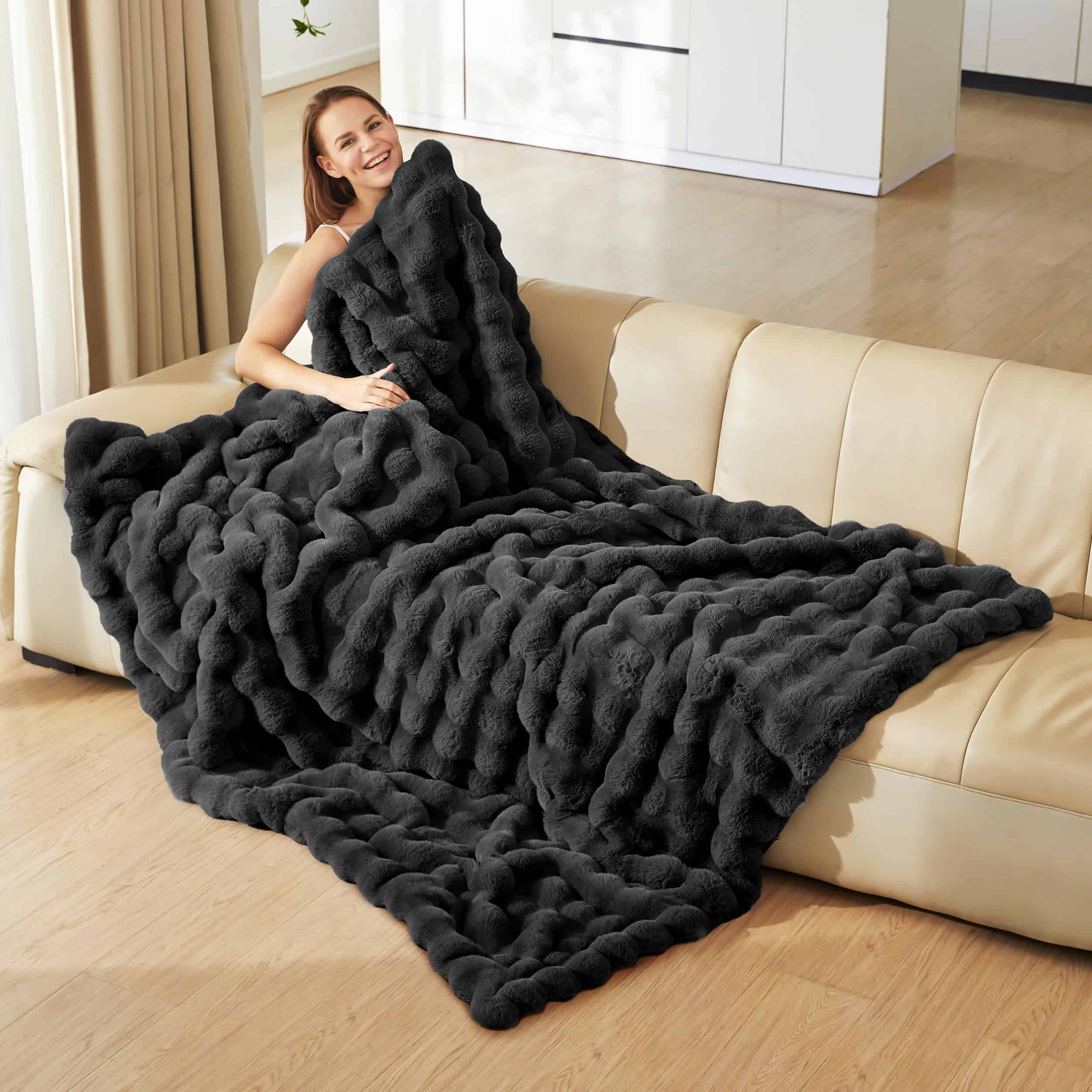 Manta Burbuja de Piel Sintética PLUUSHUU, Manta Esponjosa y - Imagen 4