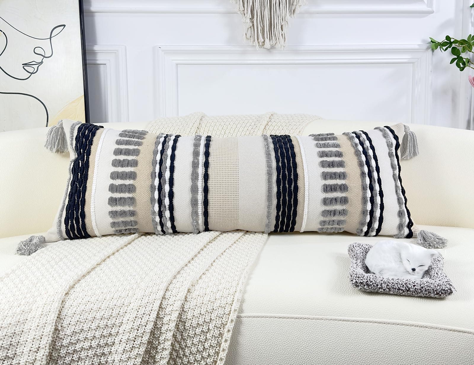 Almohada Larga de Chenille y Algodón para -Gris - Imagen 3