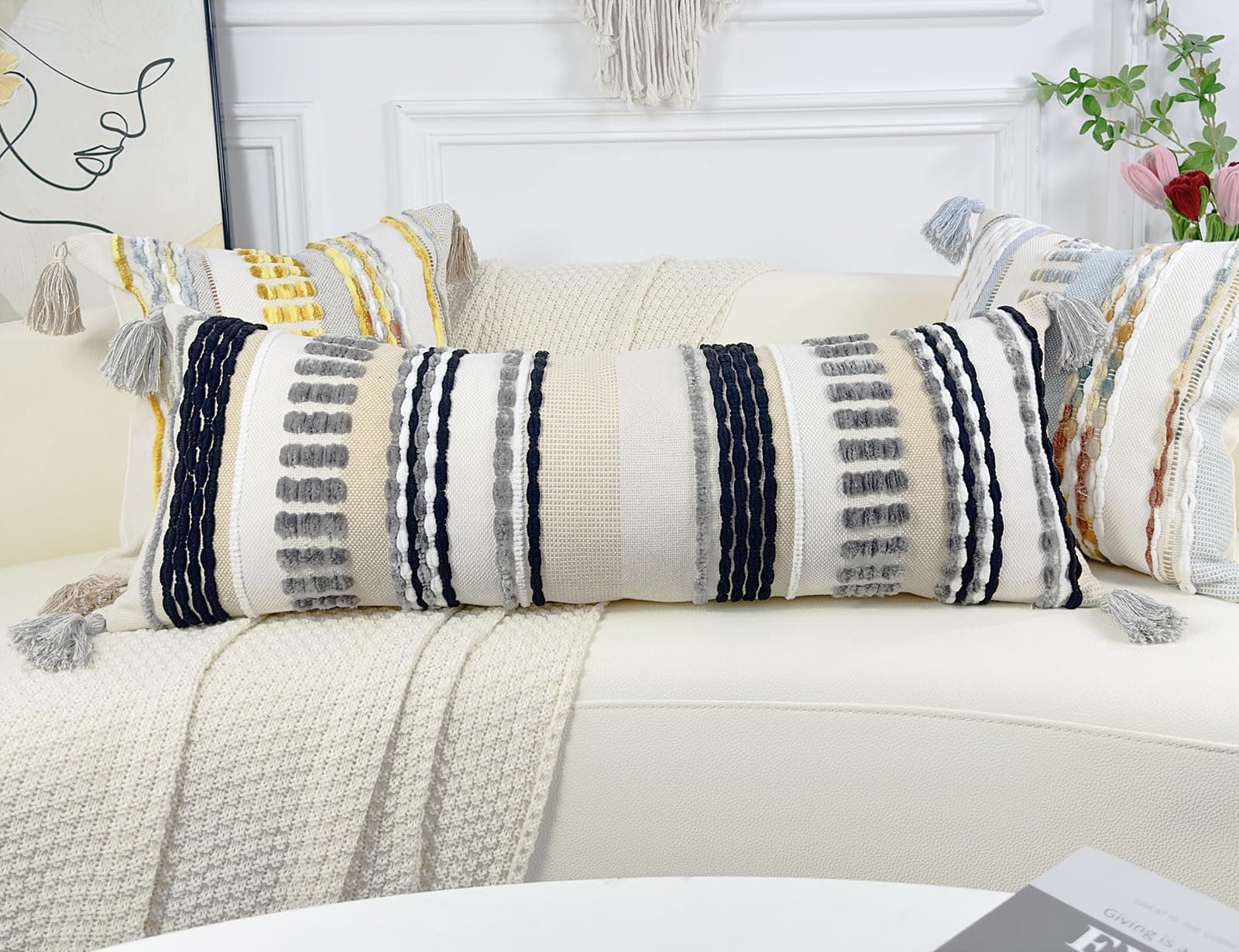 Almohada Larga de Chenille y Algodón para -Gris - Imagen 7