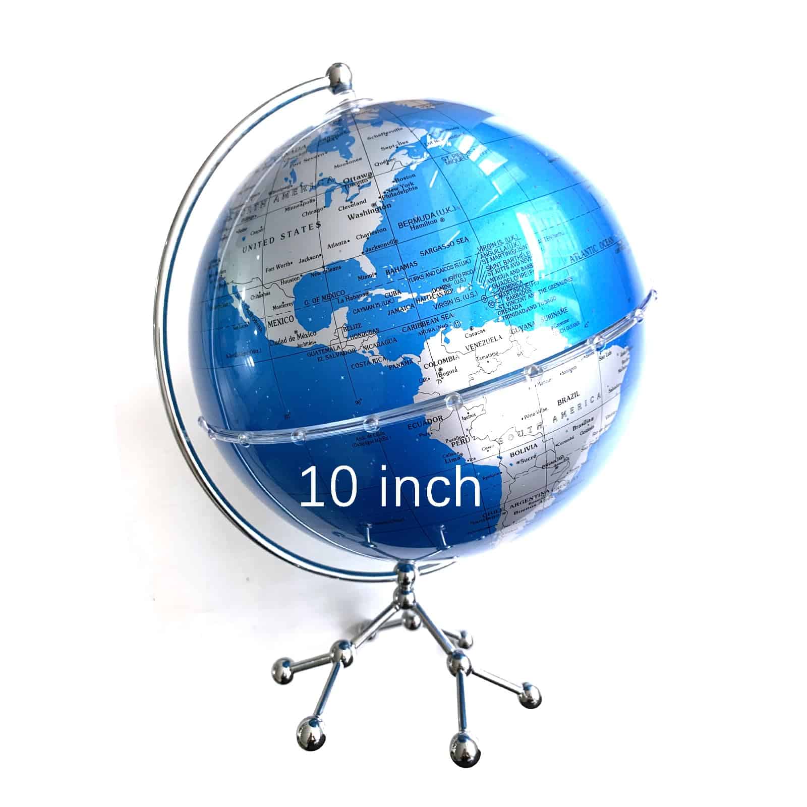 Globo del mundo azul-plata de 10" con soporte de acero -