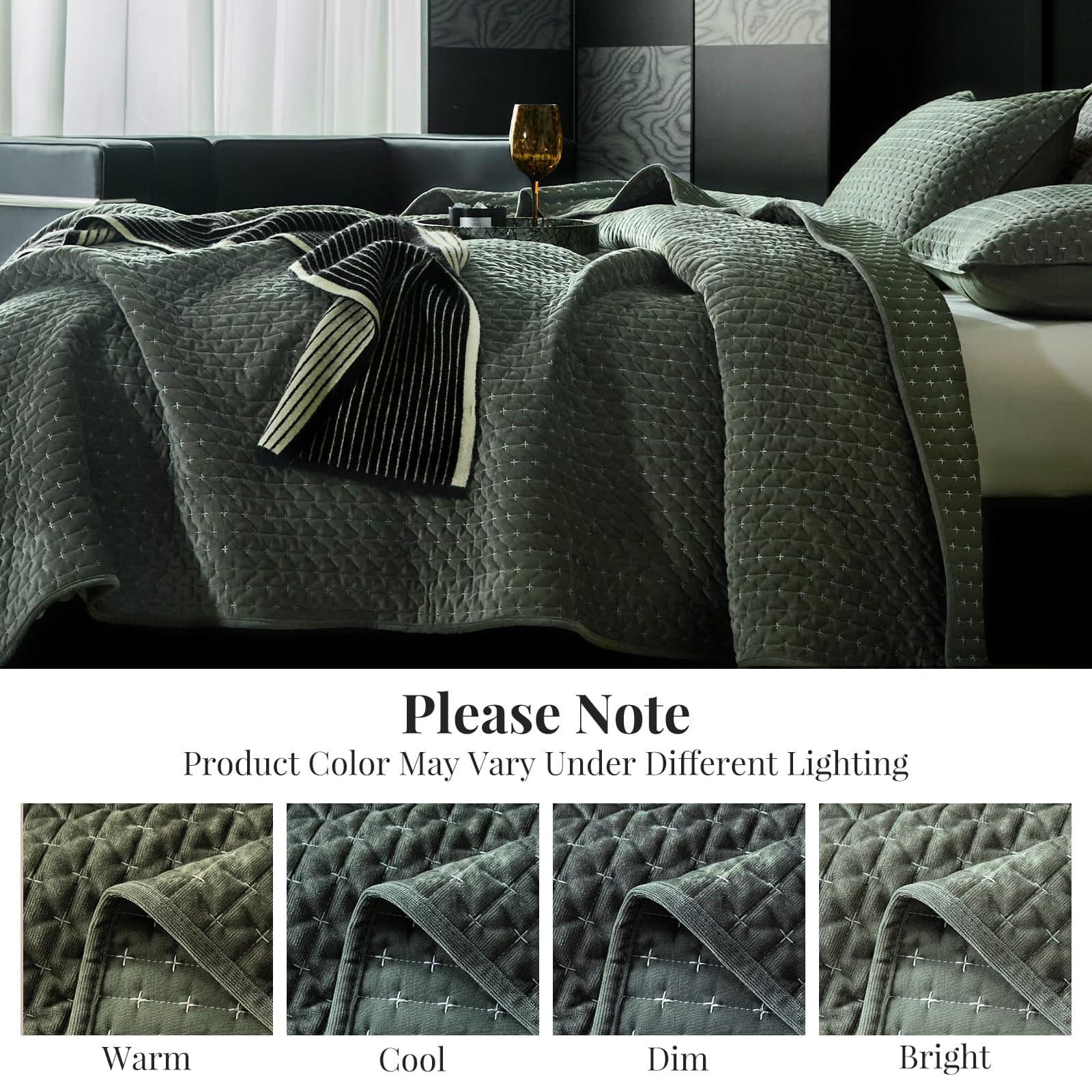 WARMDERN Juego de Edredón de Terciopelo de -Verde de Puntada - Imagen 7