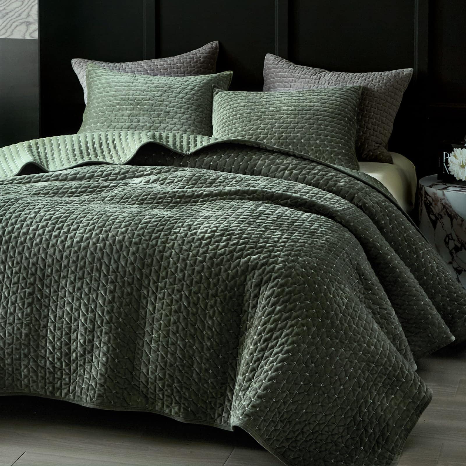 WARMDERN Juego de Edredón de Terciopelo de -Verde de Puntada