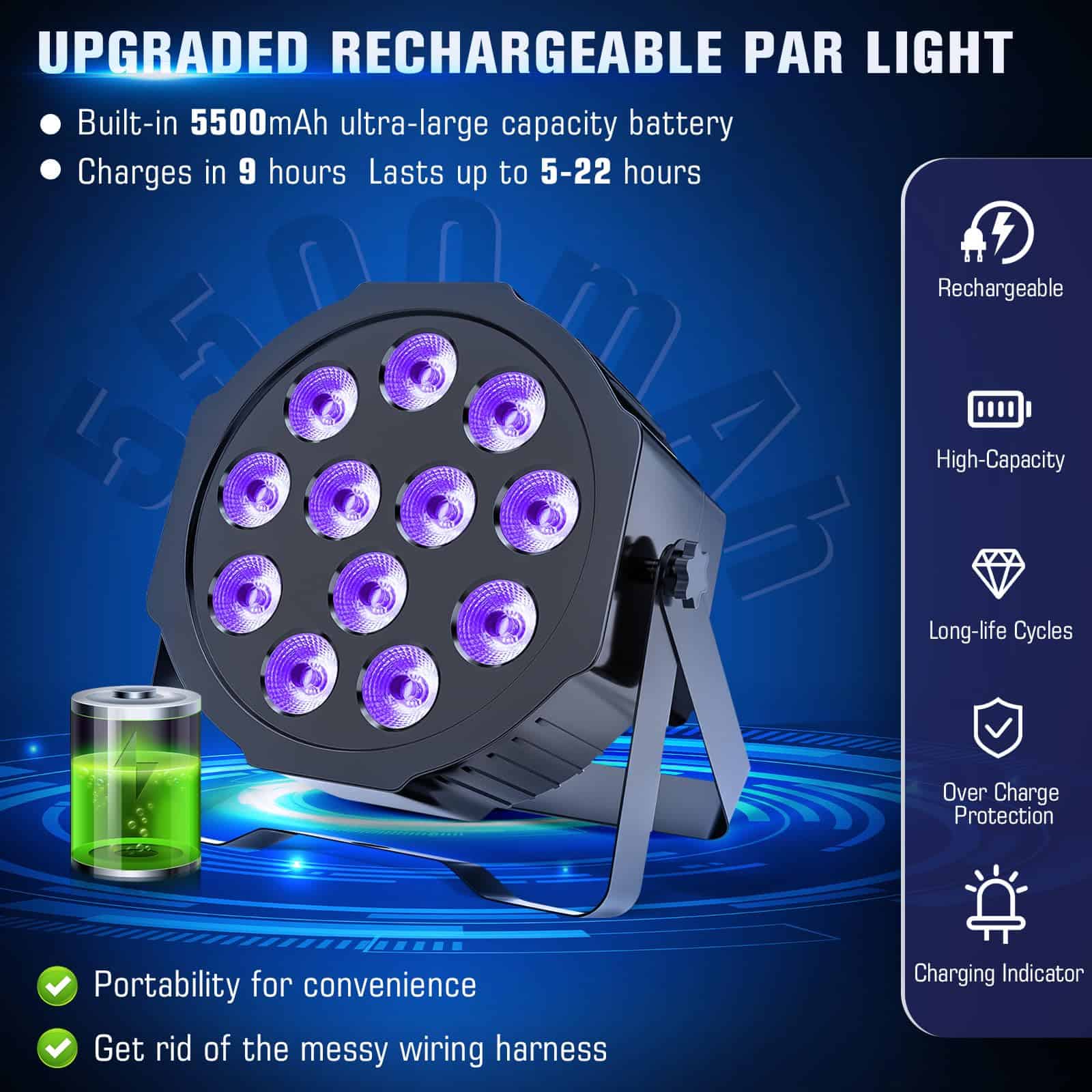 Luces Par Recargables Uplights RGBWA+UV 6-en-1 LED con - Imagen 5