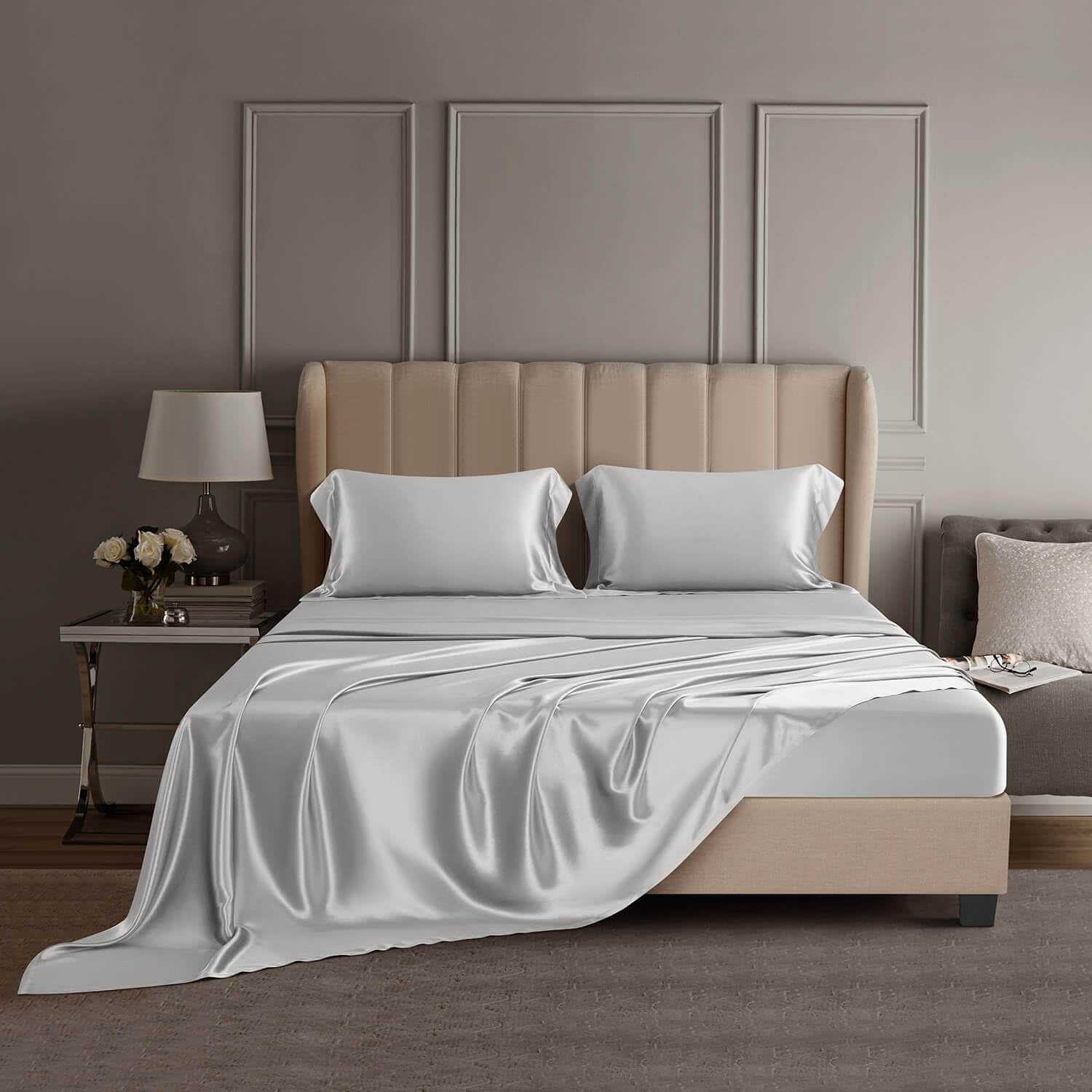 Juego de Ropa de Cama de Seda 100% Morera de -Gris Claro