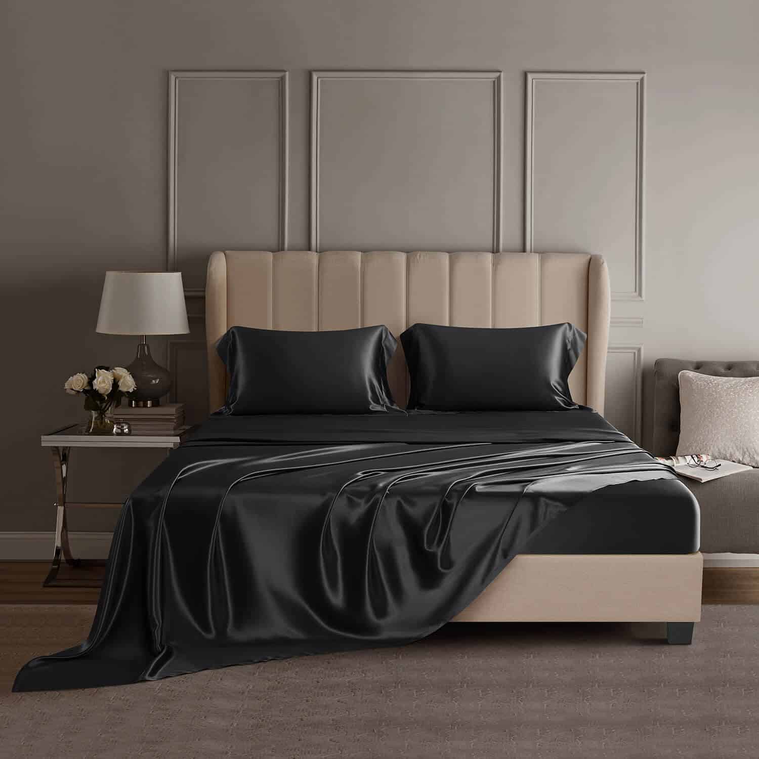 Juego de Ropa de Cama de Seda 100% Morera de -Negro