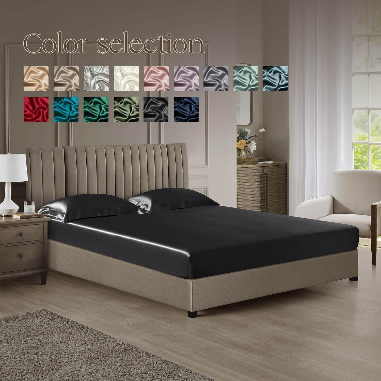 Juego de Ropa de Cama de Seda 100% Morera de -Negro - Imagen 9