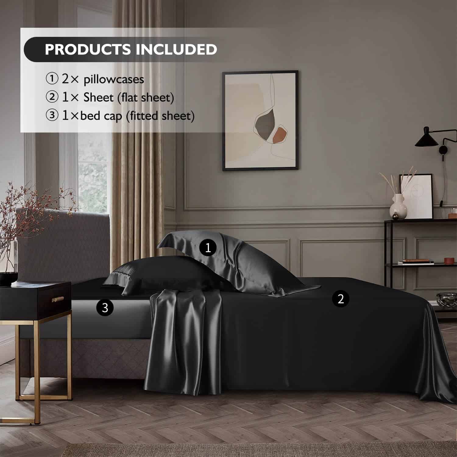 Juego de Ropa de Cama de Seda 100% Morera de -Negro - Imagen 4