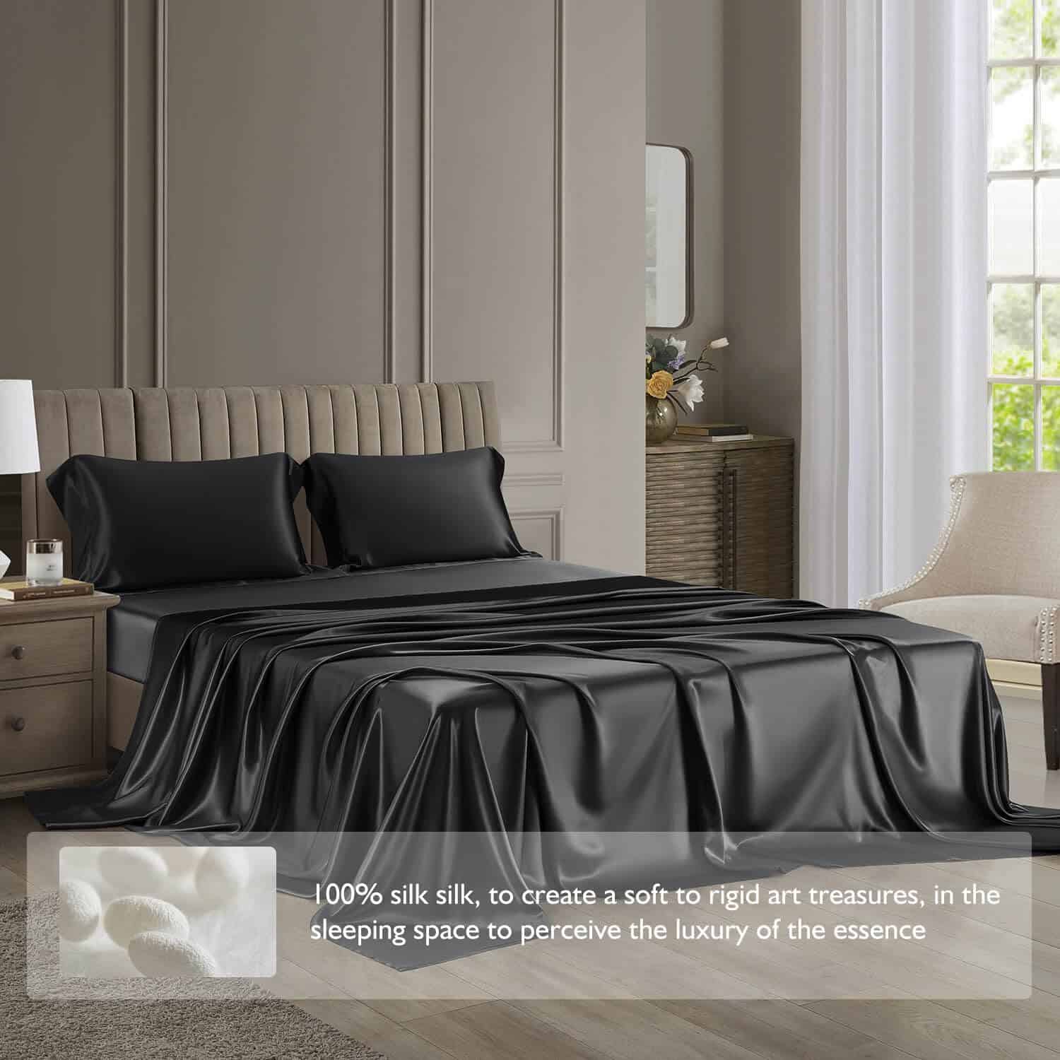 Juego de Ropa de Cama de Seda 100% Morera de -Negro - Imagen 3