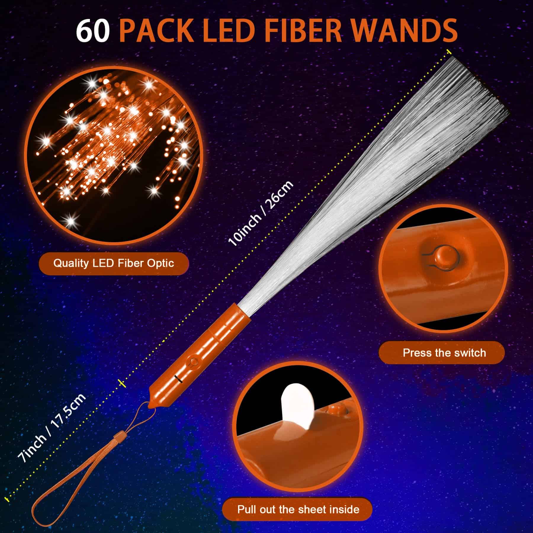 YOFOBU 60-Pack Varitas de Fibra Óptica Naranja con Luz LED, - Imagen 3