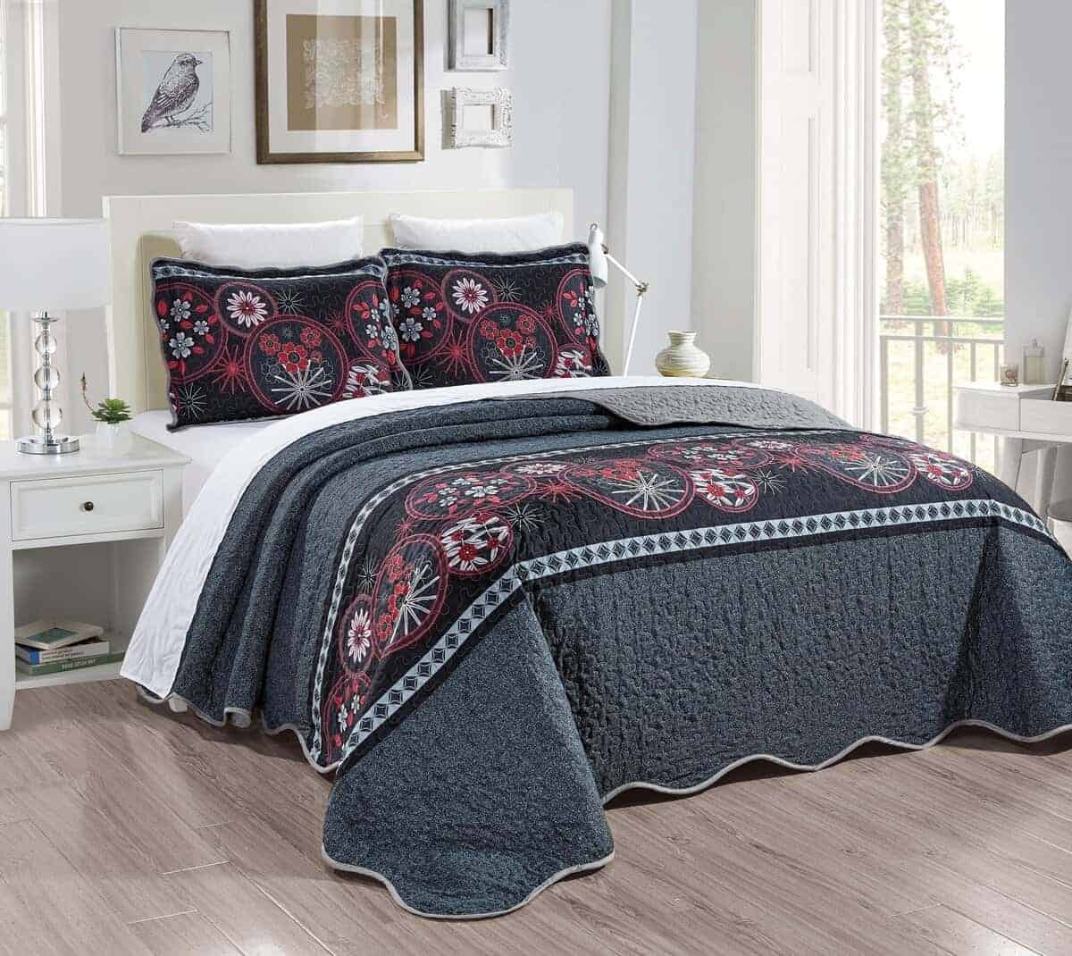 Juego de Edredón de Tamaño Completo de 3 -Negro Rojo Gris Bl