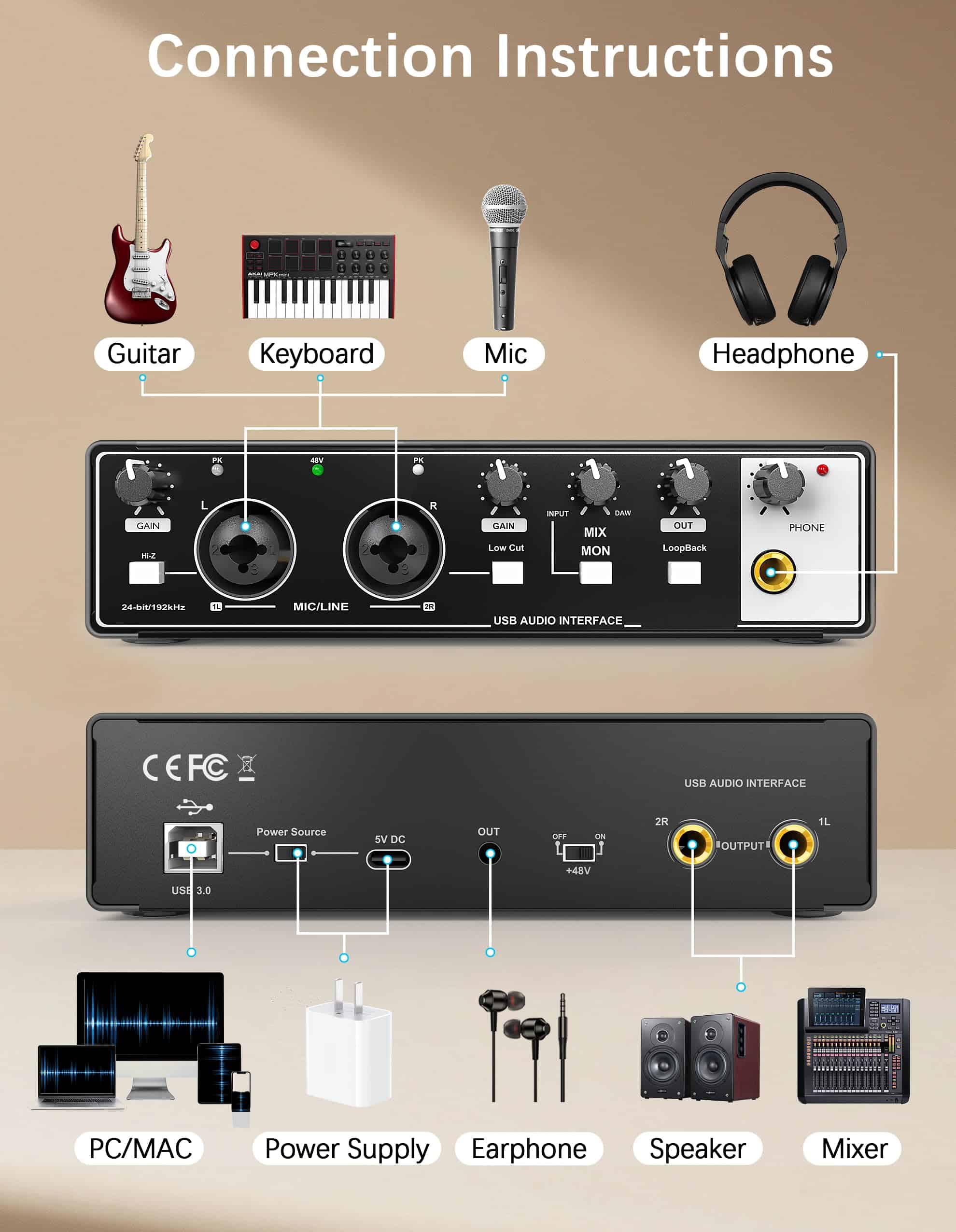 Interfaz de Audio USB HOSONGIN 2i2 para -al Negro) - Imagen 7