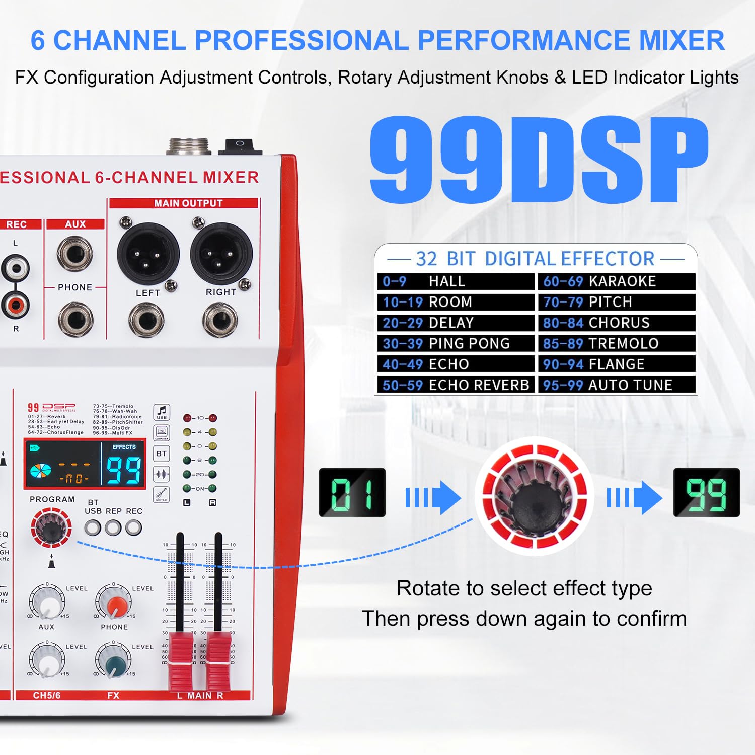 Yamnweo MW-6 6 Channel Professional DJ Audio Mixer, - Imagen 5