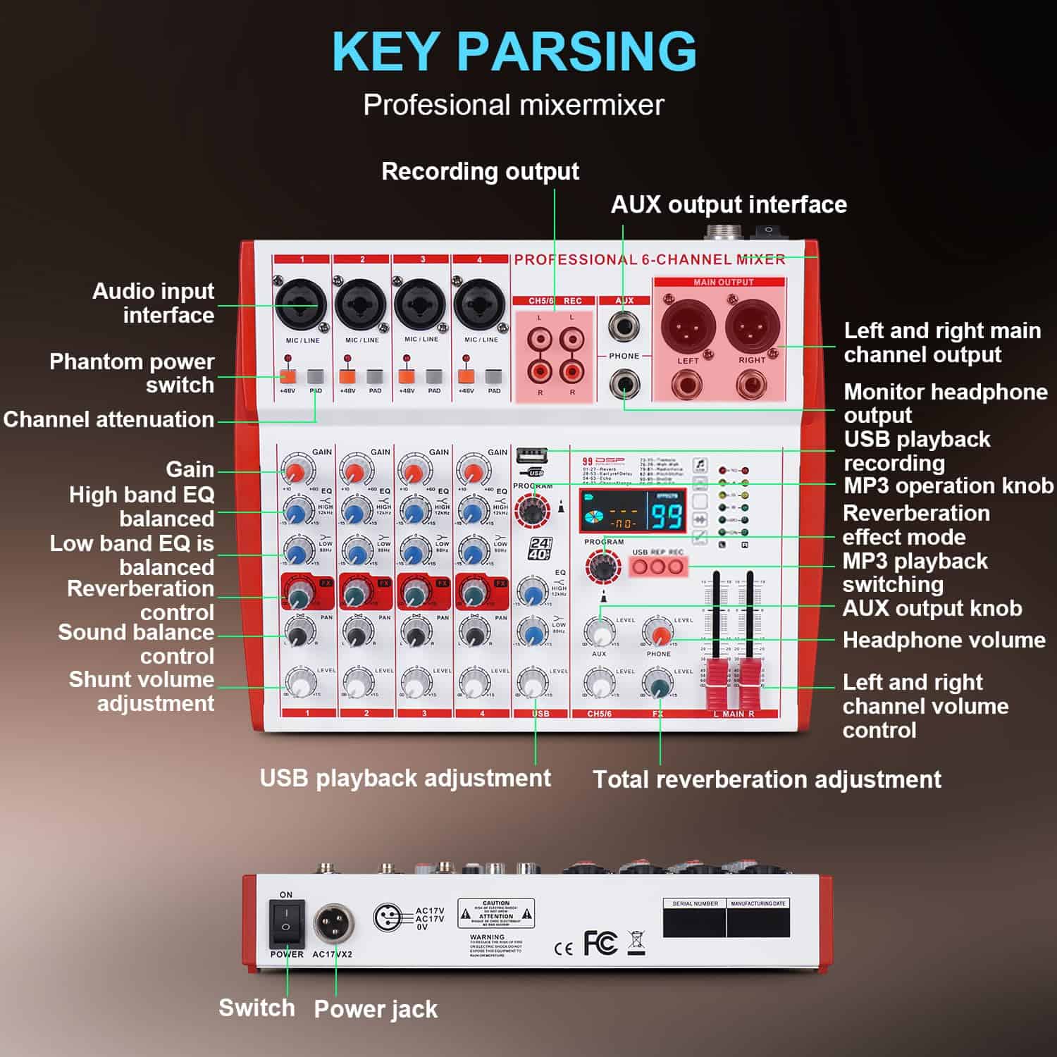 Yamnweo MW-6 6 Channel Professional DJ Audio Mixer, - Imagen 4