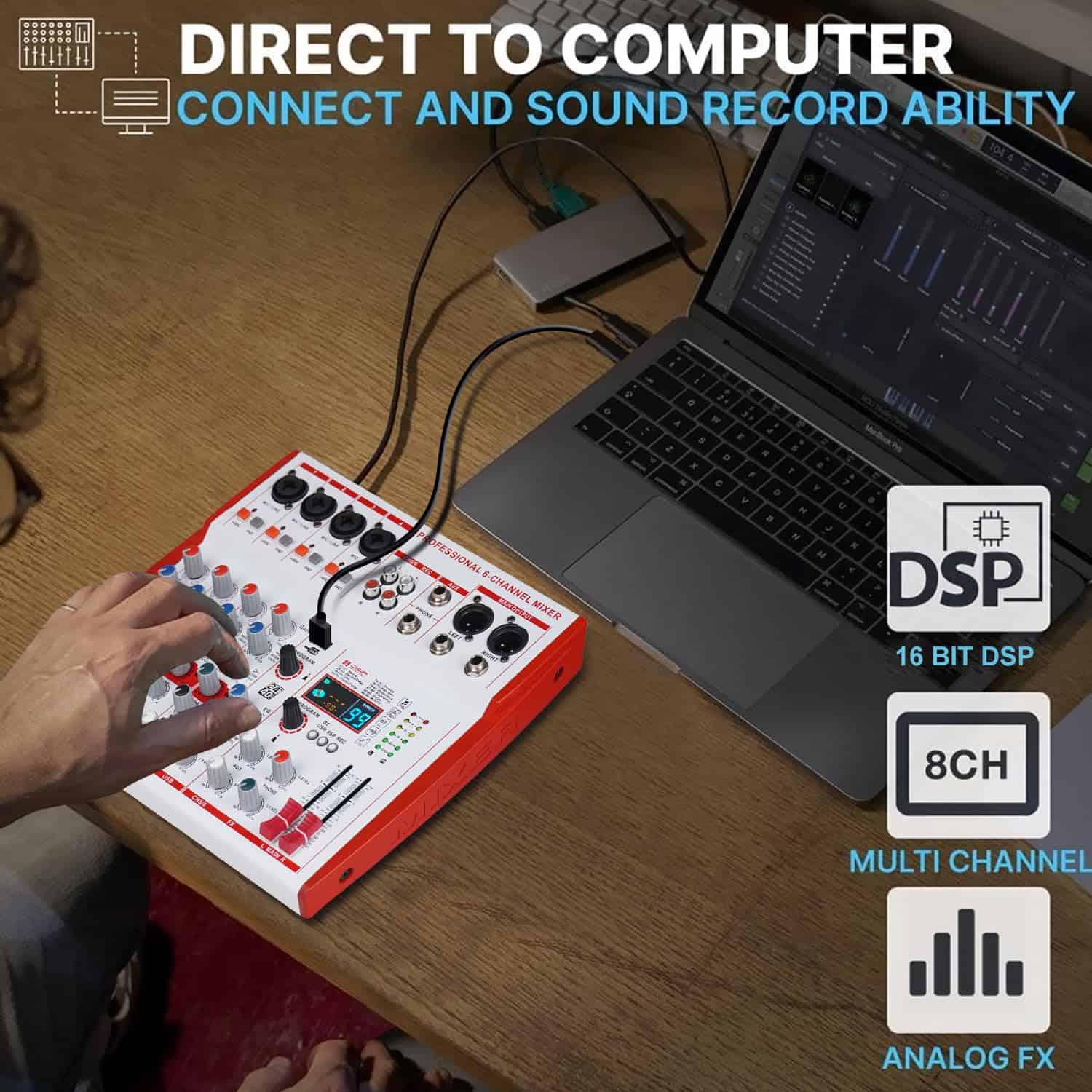 Yamnweo MW-6 6 Channel Professional DJ Audio Mixer, - Imagen 9