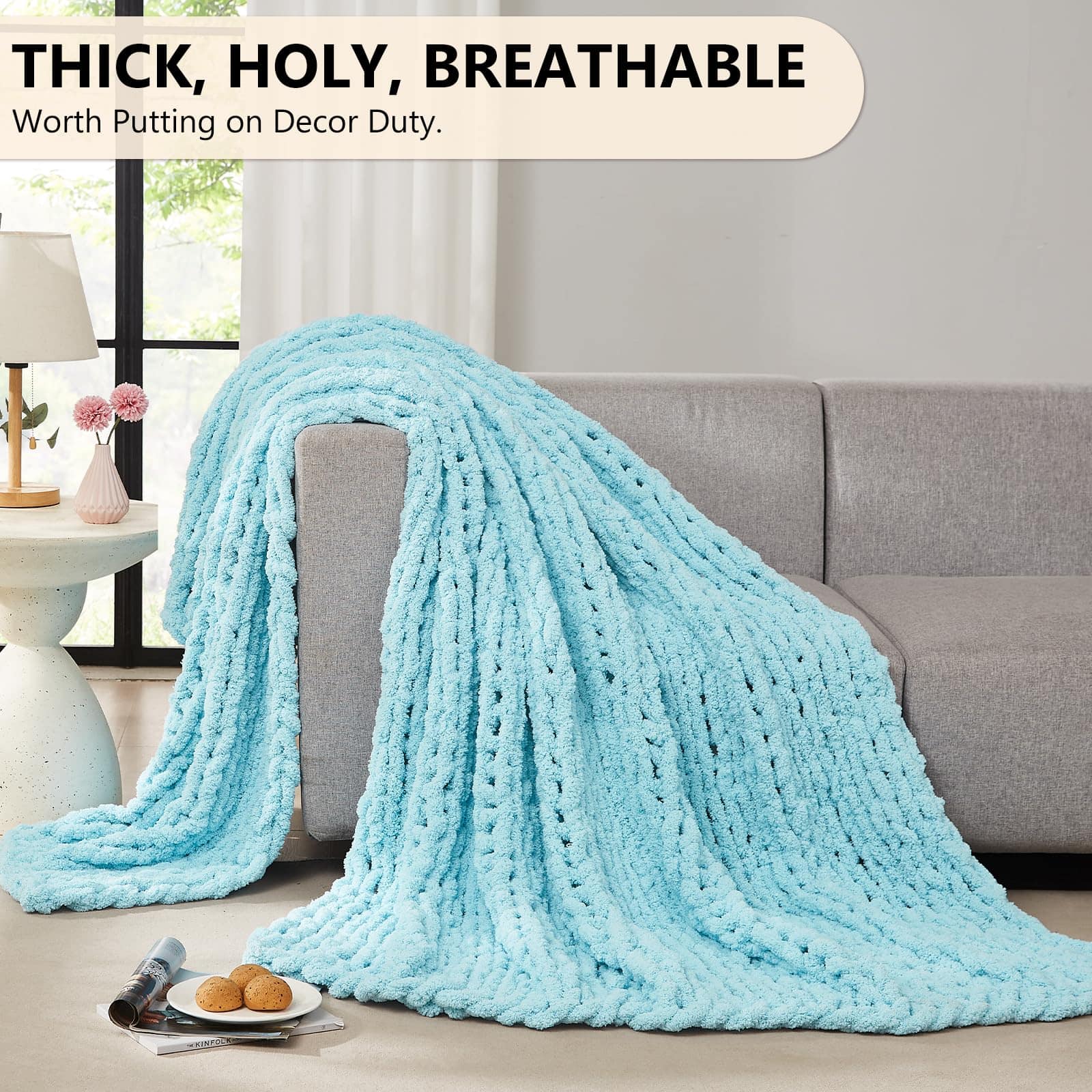 Manta de Punto Grueso de Chenille L'AGRATY, Azul Claro, - Imagen 6