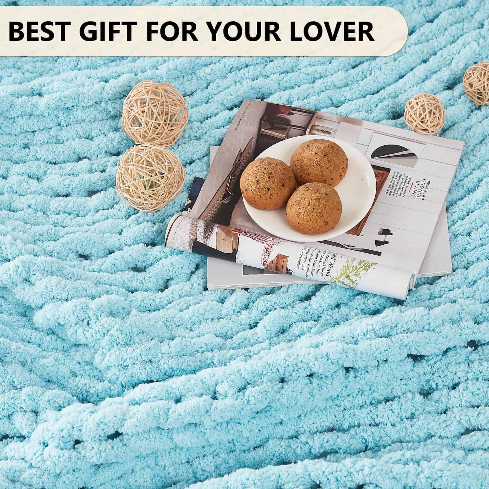 Manta de Punto Grueso de Chenille L'AGRATY, Azul Claro, - Imagen 7