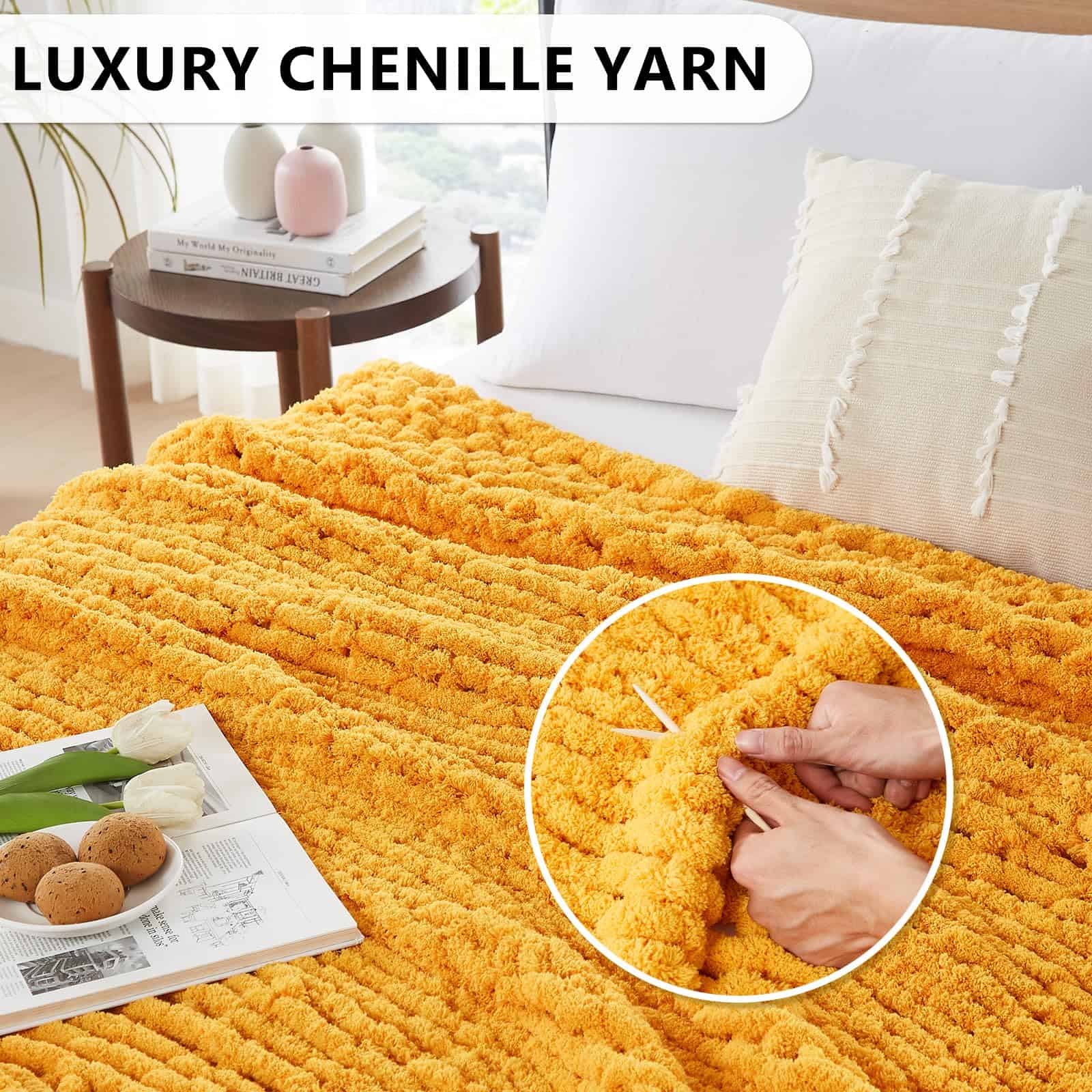 Manta de Punto Grueso L'AGRATY - Manta de -Amarillo Mostaza - Imagen 4