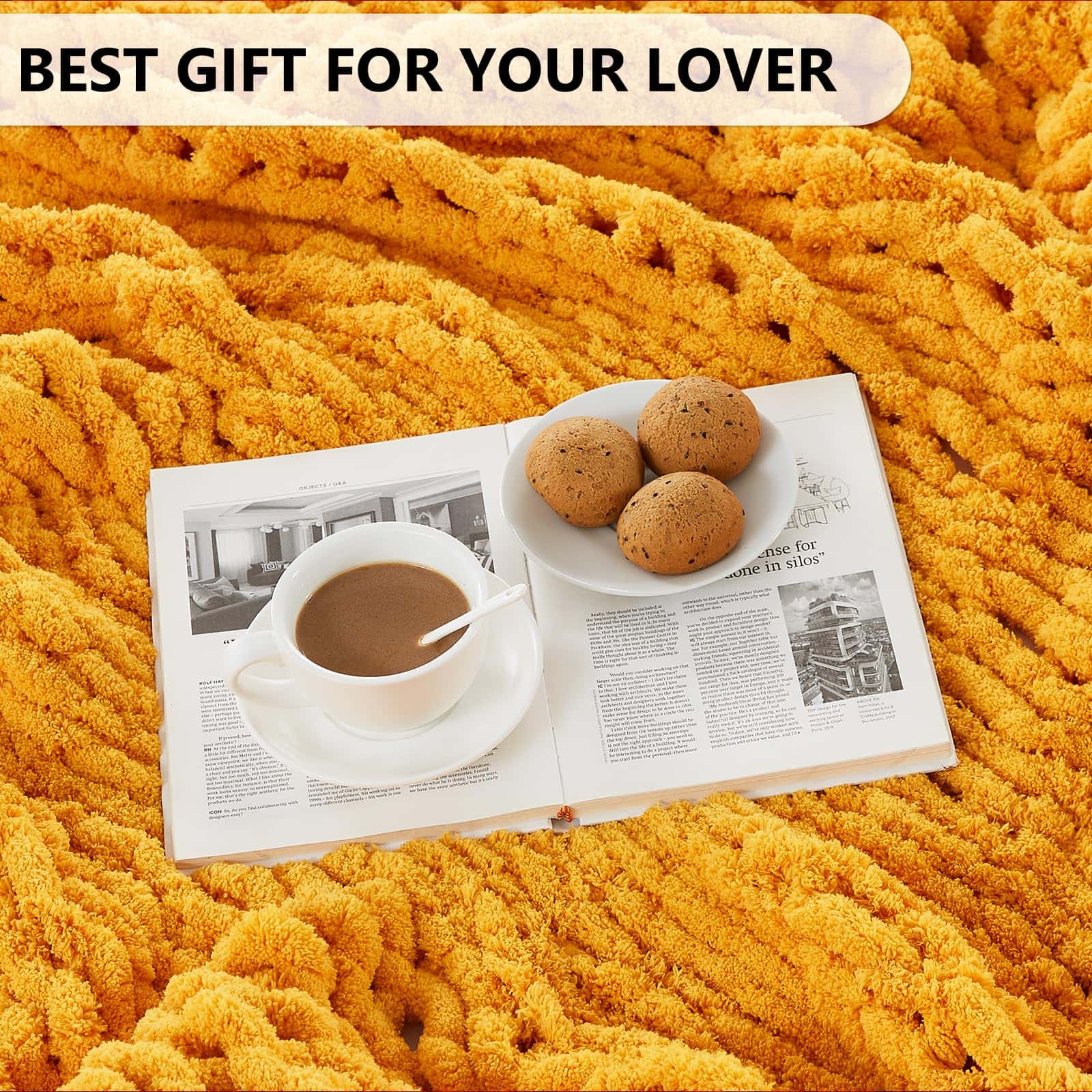 Manta de Punto Grueso L'AGRATY - Manta de -Amarillo Mostaza - Imagen 7