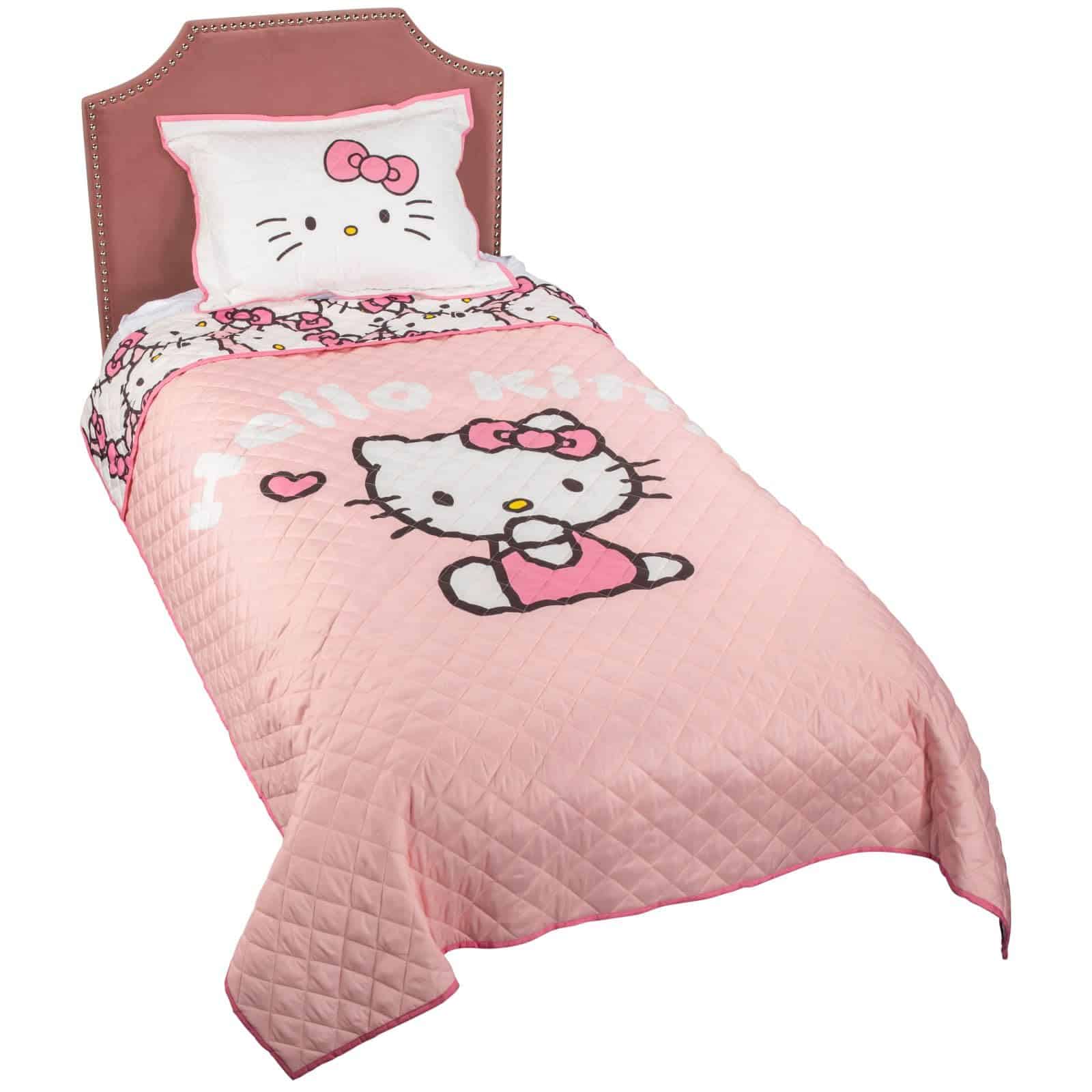 Juego de Colcha y Funda de Almohada Hello Kitty Rayas Rosas